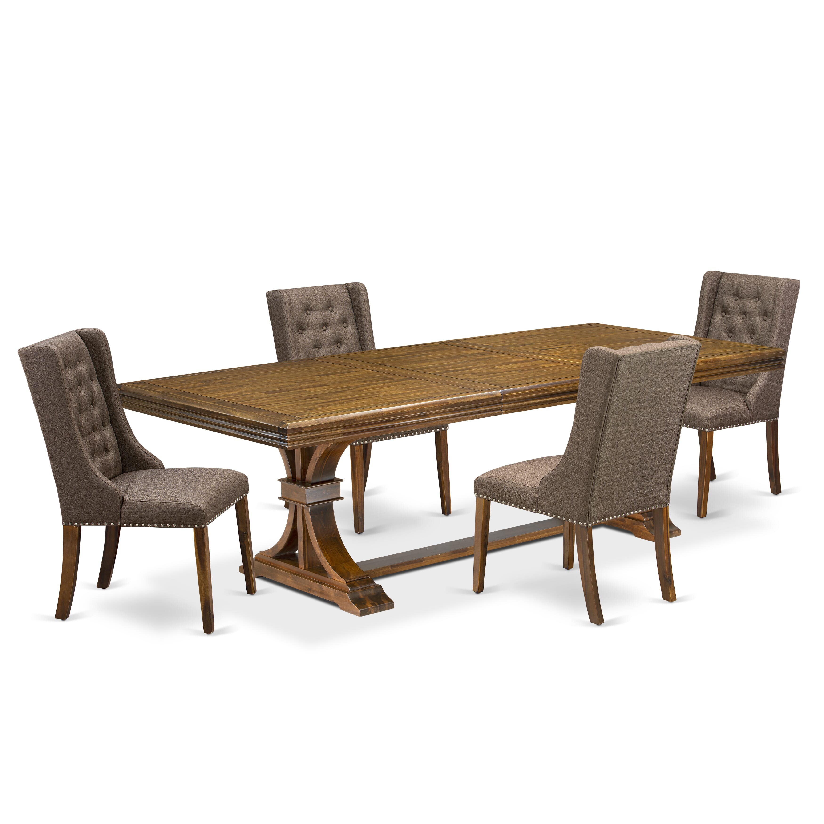 Luxe by East West Furniture NEFO5-AWA-18 - 5-piece dining room set includes a wooden table and 4 Brown Linen Fabric kitchen chairs with Button Tufted Chair Back - Antique Walnut finish.