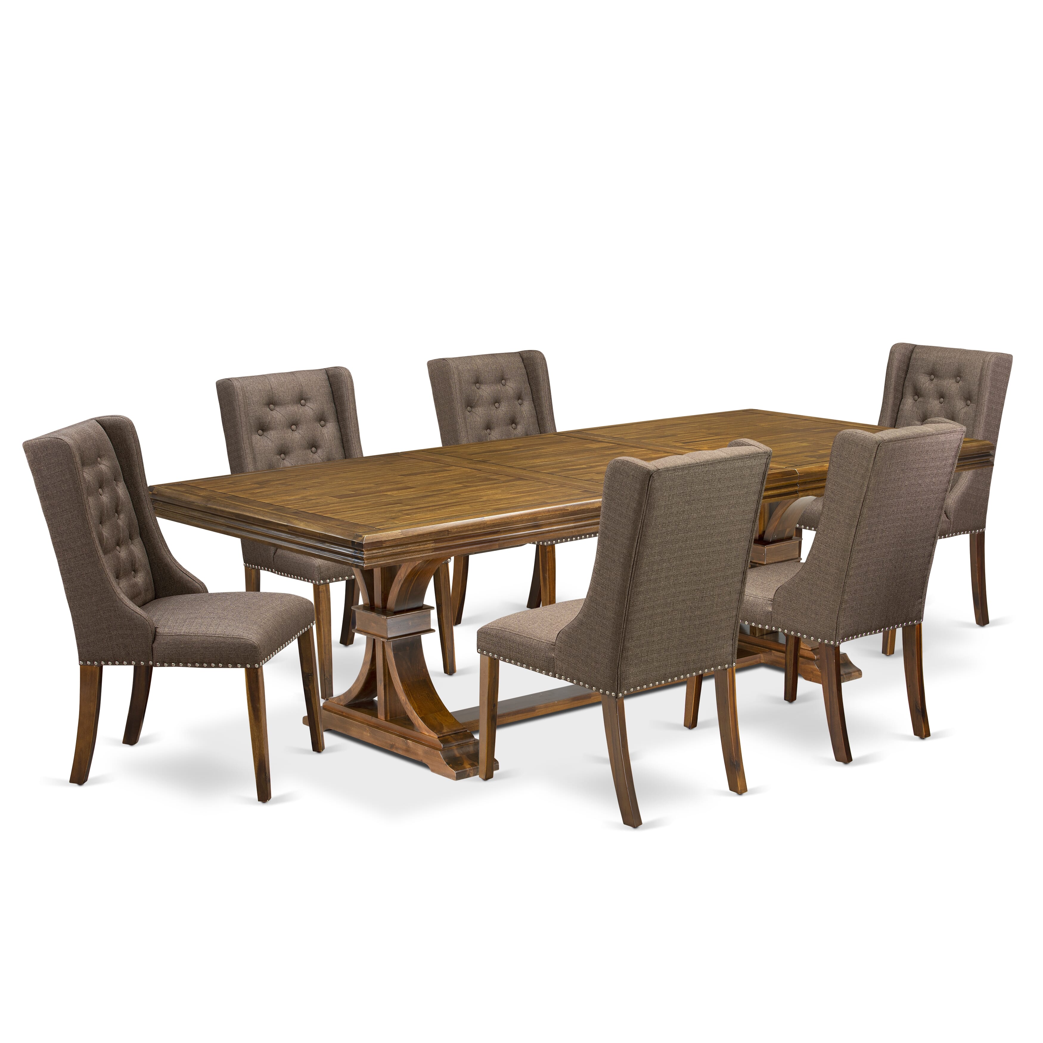Luxe by East West Furniture NEFO7-AWA-18 - 7-piece kitchen table set consists of a dining table and 6 Brown Linen Fabric parson chairs with Button Tufted Chair Back - Antique Walnut finish.