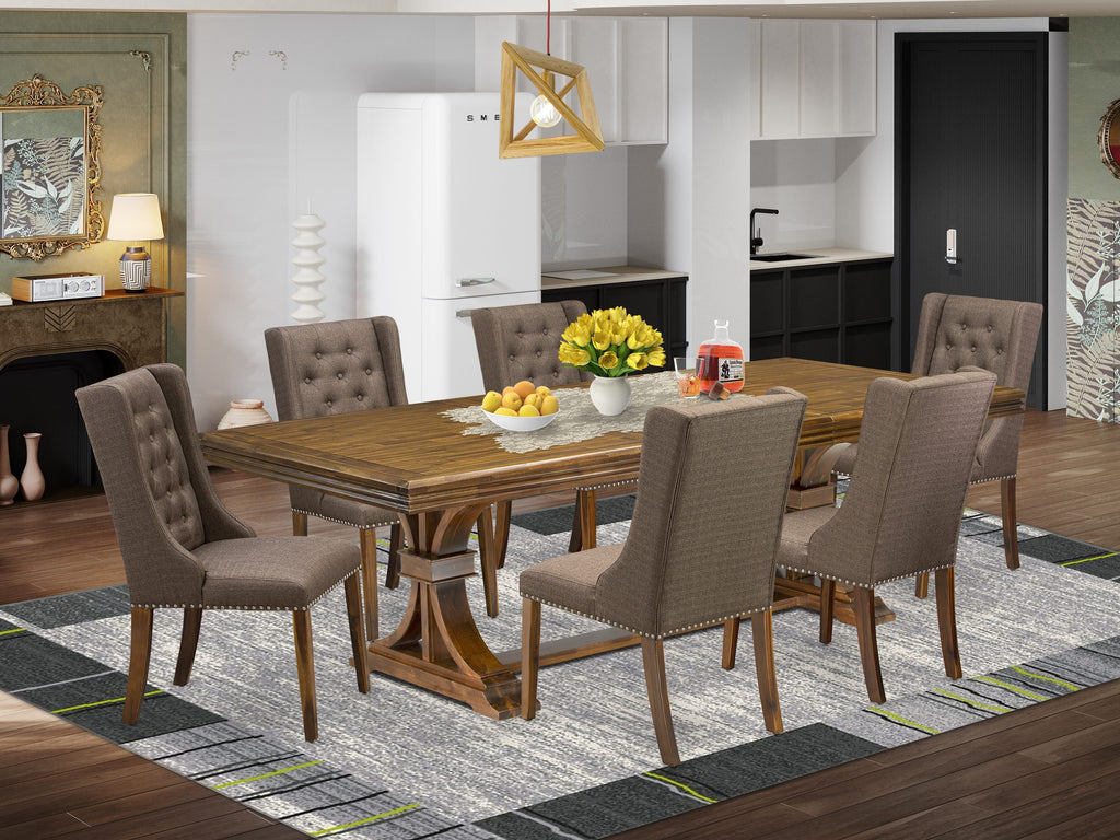 Luxe by East West Furniture NEFO7-AWA-18 - 7-piece kitchen table set consists of a dining table and 6 Brown Linen Fabric parson chairs with Button Tufted Chair Back - Antique Walnut finish.