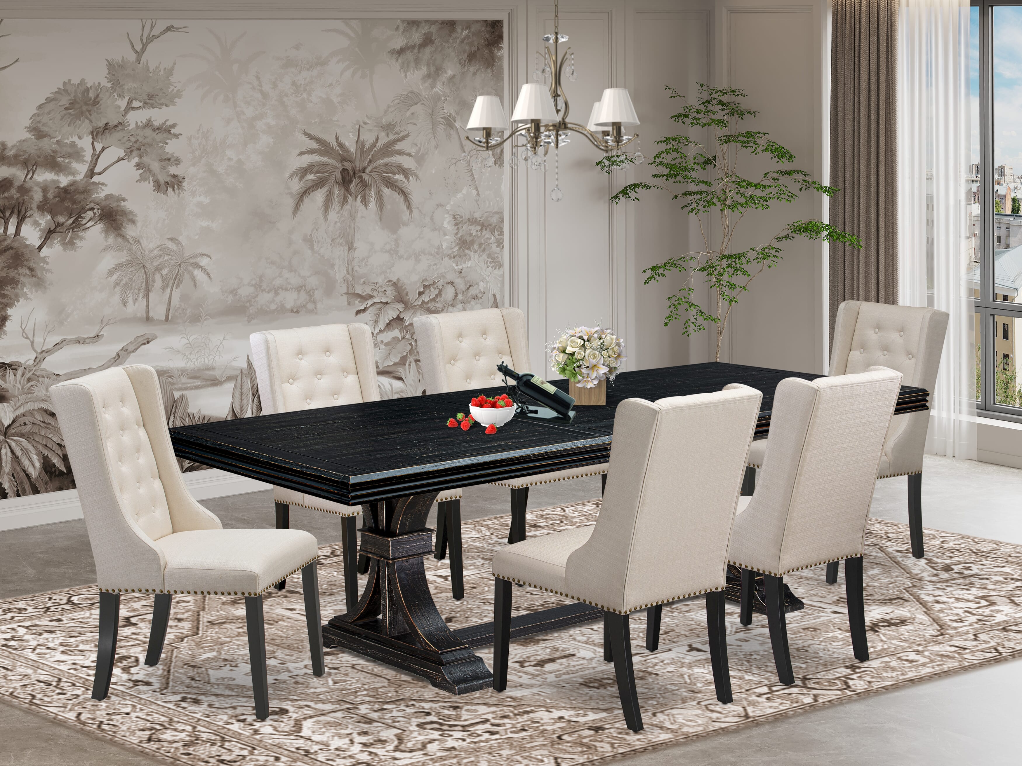 Luxe by East West Furniture NEFO7-SBB-01 - 7-piece dining set consists of a breakfast table and 6 Cream Linen Fabric kitchen chairs & black legs with Button Tufted Back - Sand Blasting Black finish.