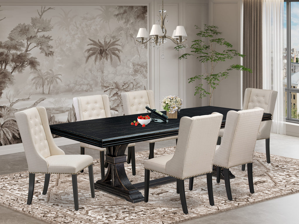 Luxe by East West Furniture NEFO7-SBB-01 - 7-piece dining set consists of a breakfast table and 6 Cream Linen Fabric kitchen chairs & black legs with Button Tufted Back - Sand Blasting Black finish.