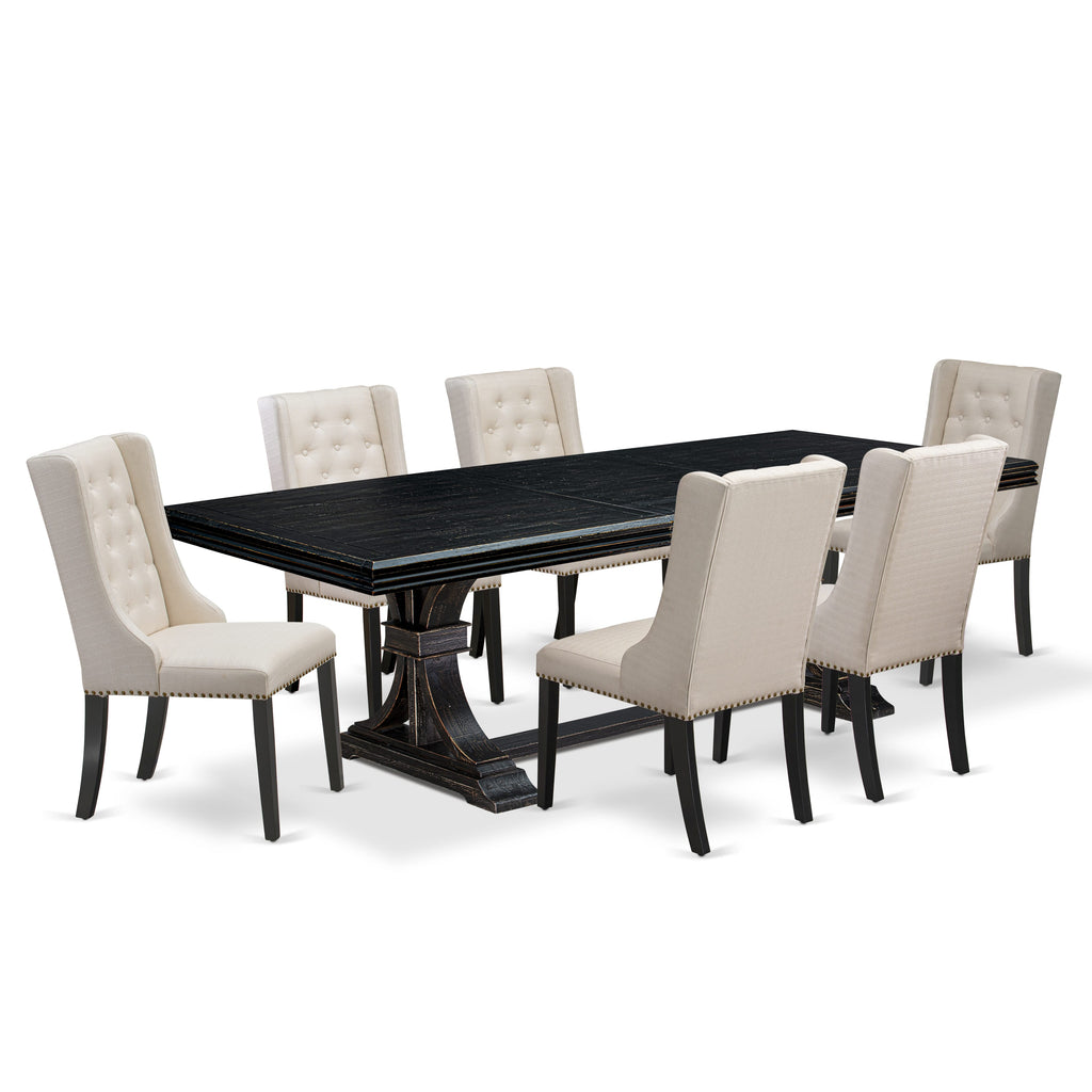 Luxe by East West Furniture NEFO7-SBB-01 - 7-piece dining set consists of a breakfast table and 6 Cream Linen Fabric kitchen chairs & black legs with Button Tufted Back - Sand Blasting Black finish.
