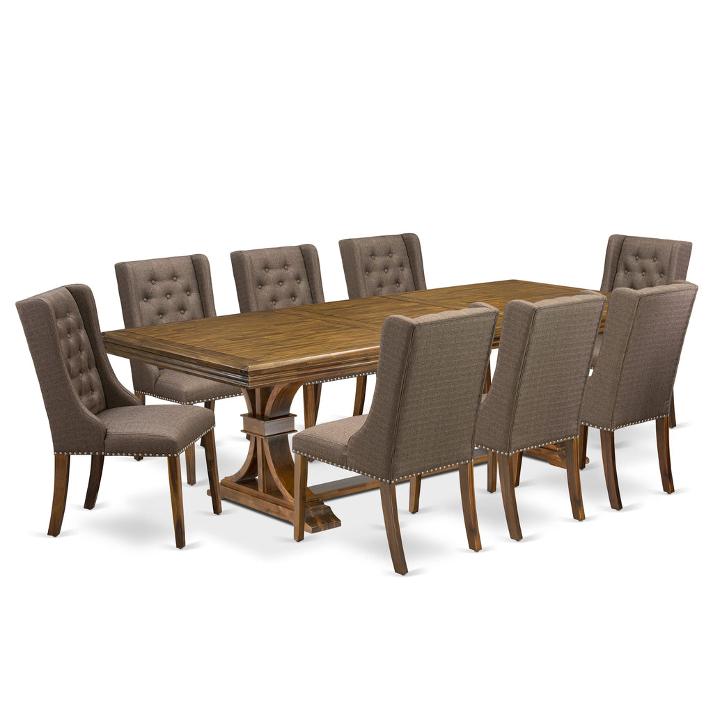 Luxe by East West Furniture NEFO9-AWA-18 - 9-piece kitchen dining set includes a breakfast table and 8 Brown Linen Fabric kitchen chairs with Button Tufted Chair Back - Antique Walnut finish.