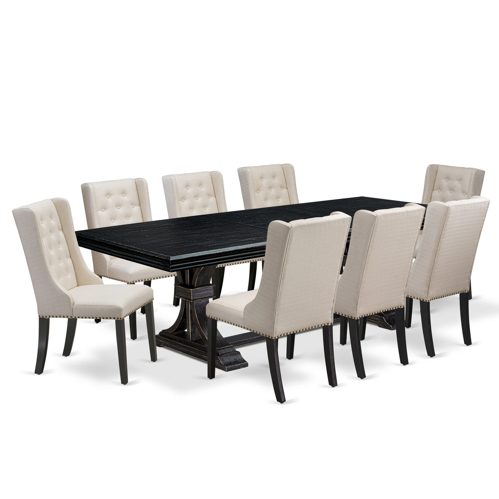 Luxe by East West Furniture NEFO9-SBB-01 - 9-piece dining set consists of a dinner table and 8 Cream Linen Fabric dining room chairs & black legs with Button Tufted Back - Sand Blasting Black finish.
