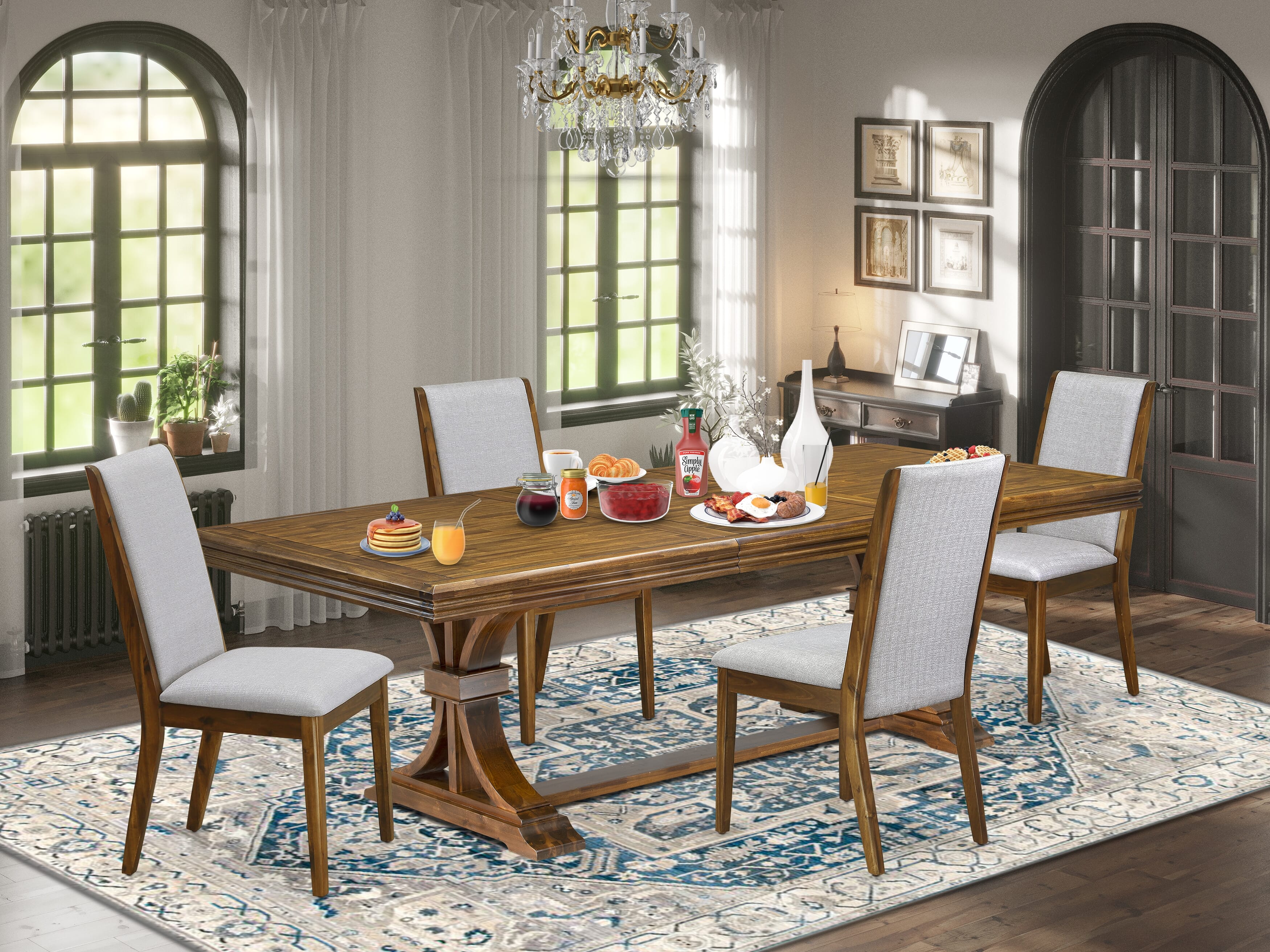Luxe by East West Furniture NELA5-AWA-05 5 Pieces Kitchen table set includes a Rectangular Dining Room Table and 4 Grey Linen Fabric Kitchen Chairs, Antique Walnut finish