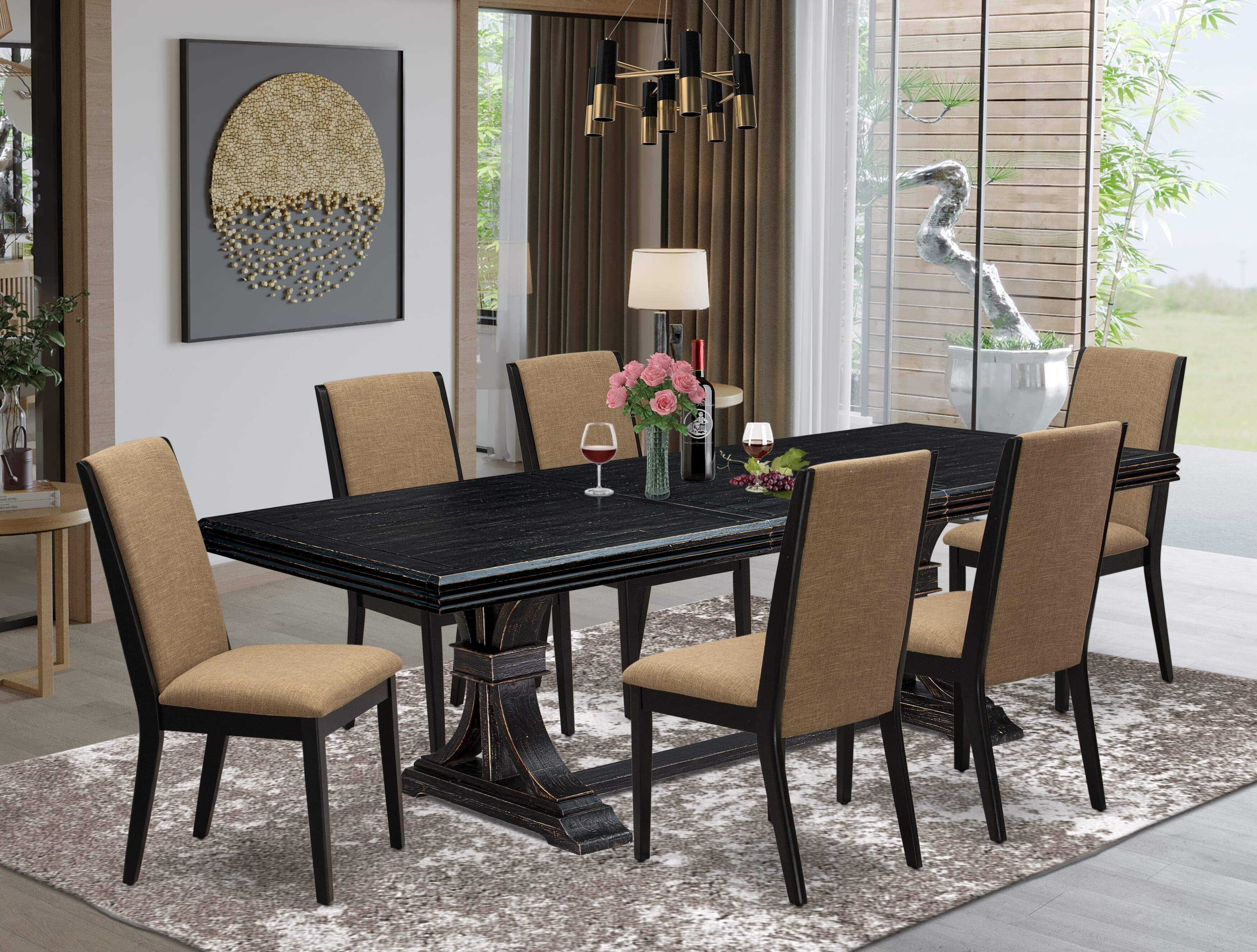Luxe by East West Furniture NELA7-SBB-47 7 Pieces Modern Dining Table Set includes a Rectangular Kitchen Table and 6 Light Sable Linen Fabric Dining Chairs with Black legs - Sand Blasting Black finish