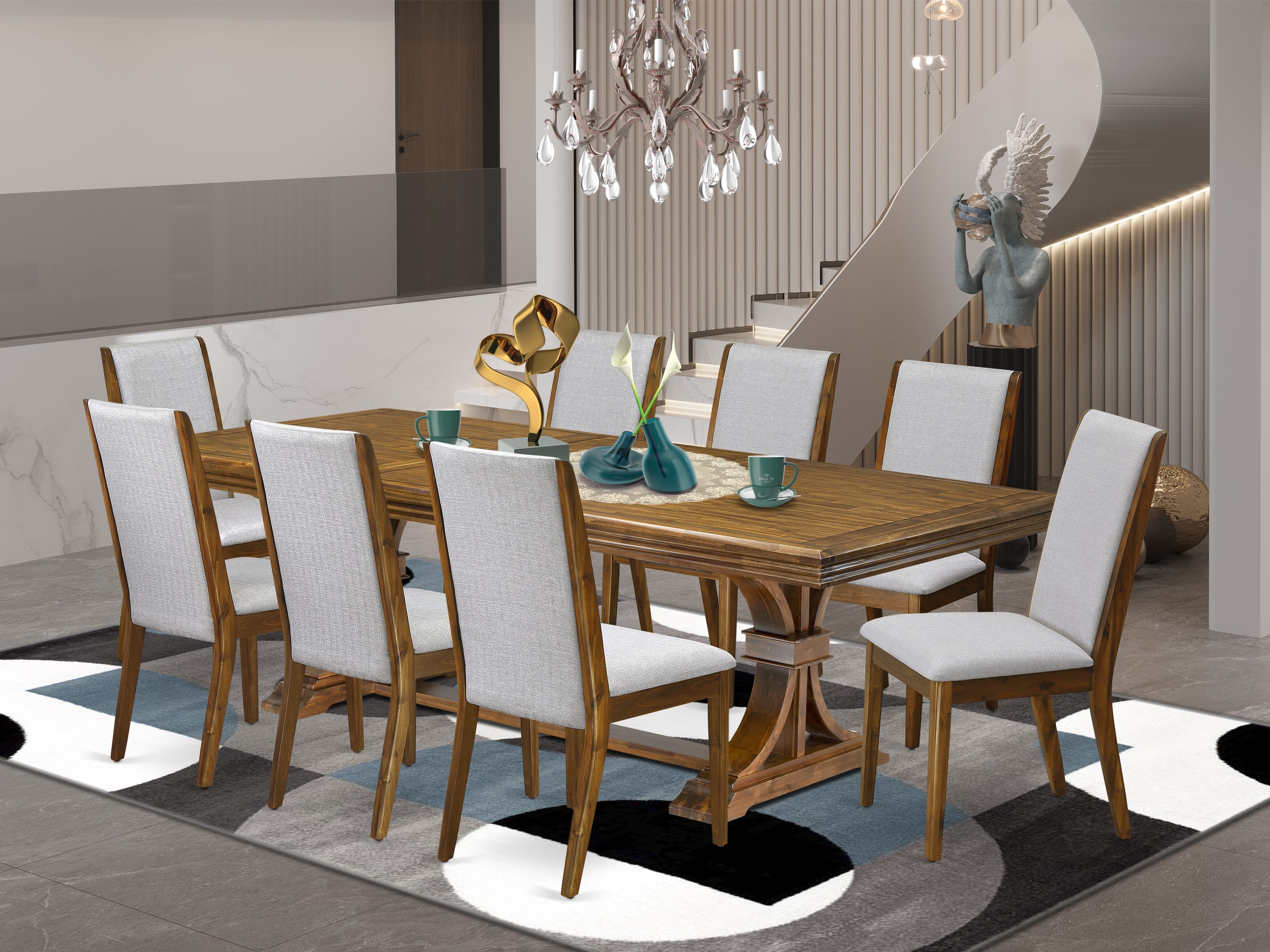 Luxe by East West Furniture NELA9-AWA-05 9 Pieces Dining table set includes a Rectangular Kitchen Table and 8 Grey Linen Fabric Dining Room Chairs, Antique Walnut finish