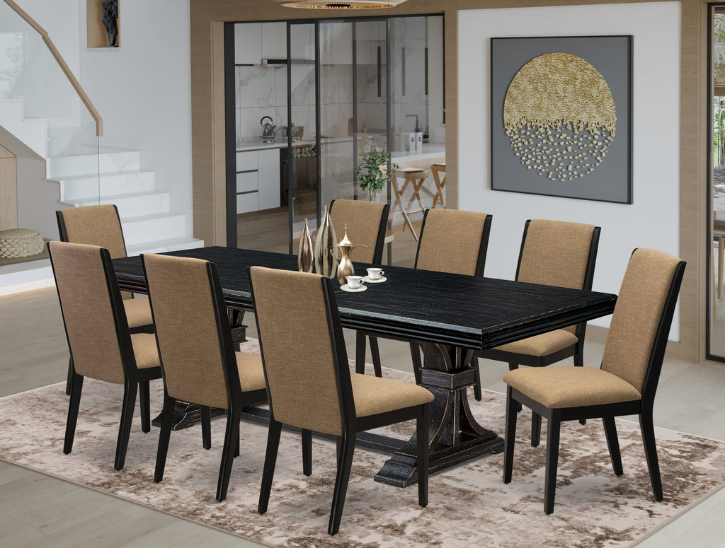 Luxe by East West Furniture NELA9-SBB-47 9 Pieces Dining table Set includes a Rectangular Dining Table and 8 Light Sable Linen Fabric Dining Chairs with Black legs - Sand Blasting Black finish
