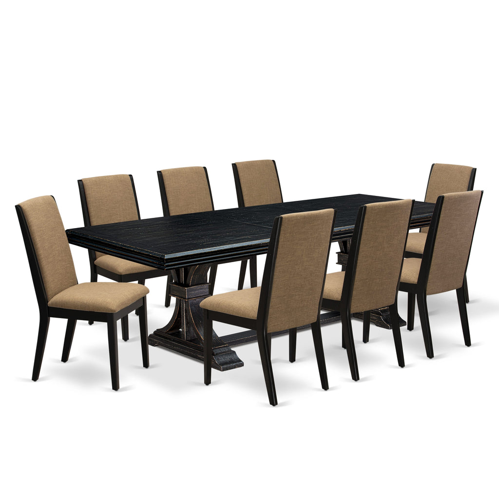 Luxe by East West Furniture NELA9-SBB-47 9 Pieces Dining table Set includes a Rectangular Dining Table and 8 Light Sable Linen Fabric Dining Chairs with Black legs - Sand Blasting Black finish