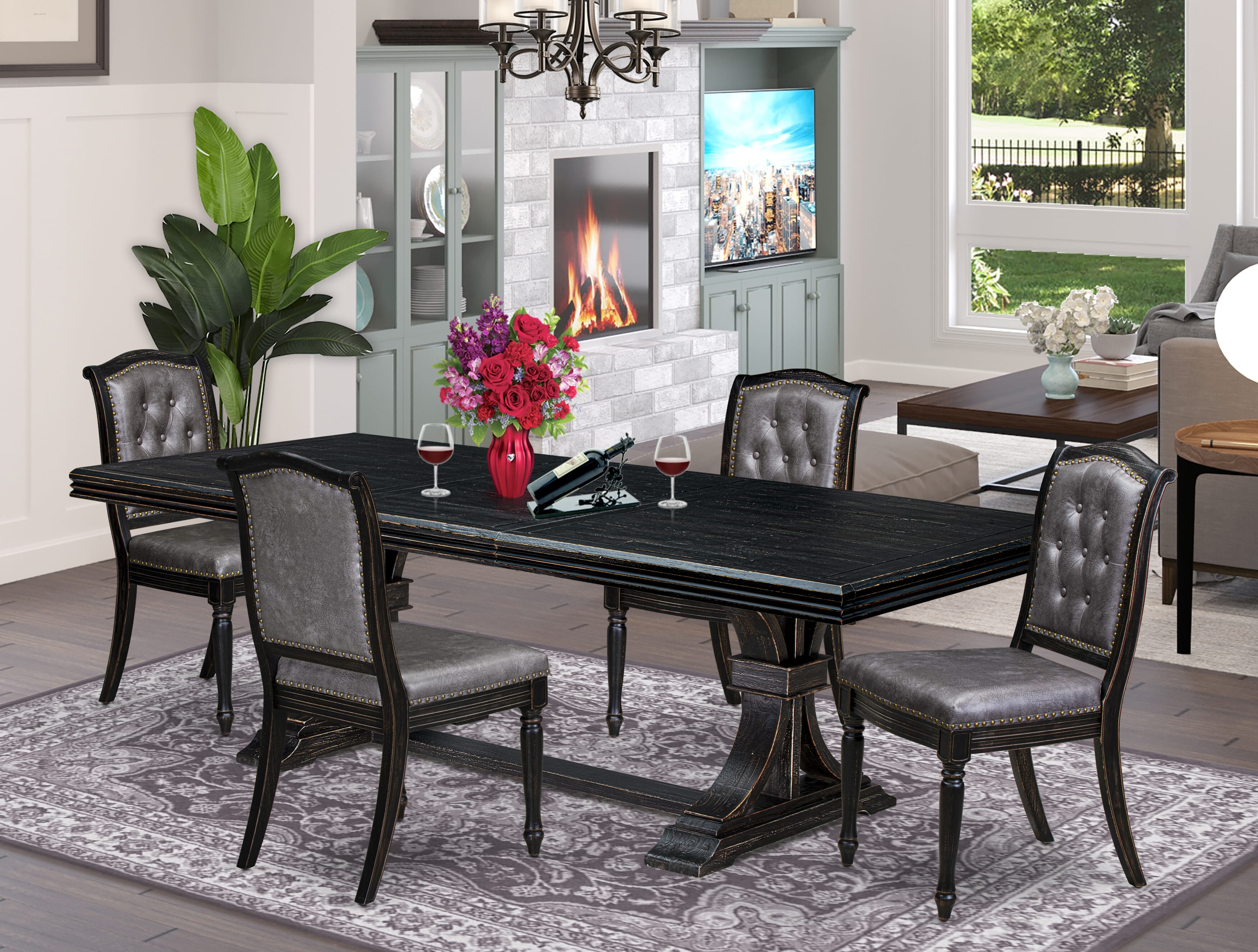 Luxe by East West Furniture - NEMA5-SBB-34 - 5-piece Modern Dining Set consists of a Dining Table and 4 Dark Grey PU Leather Mid Century Chairs with Button Tufted Back - Sand Blasting Black Finish
