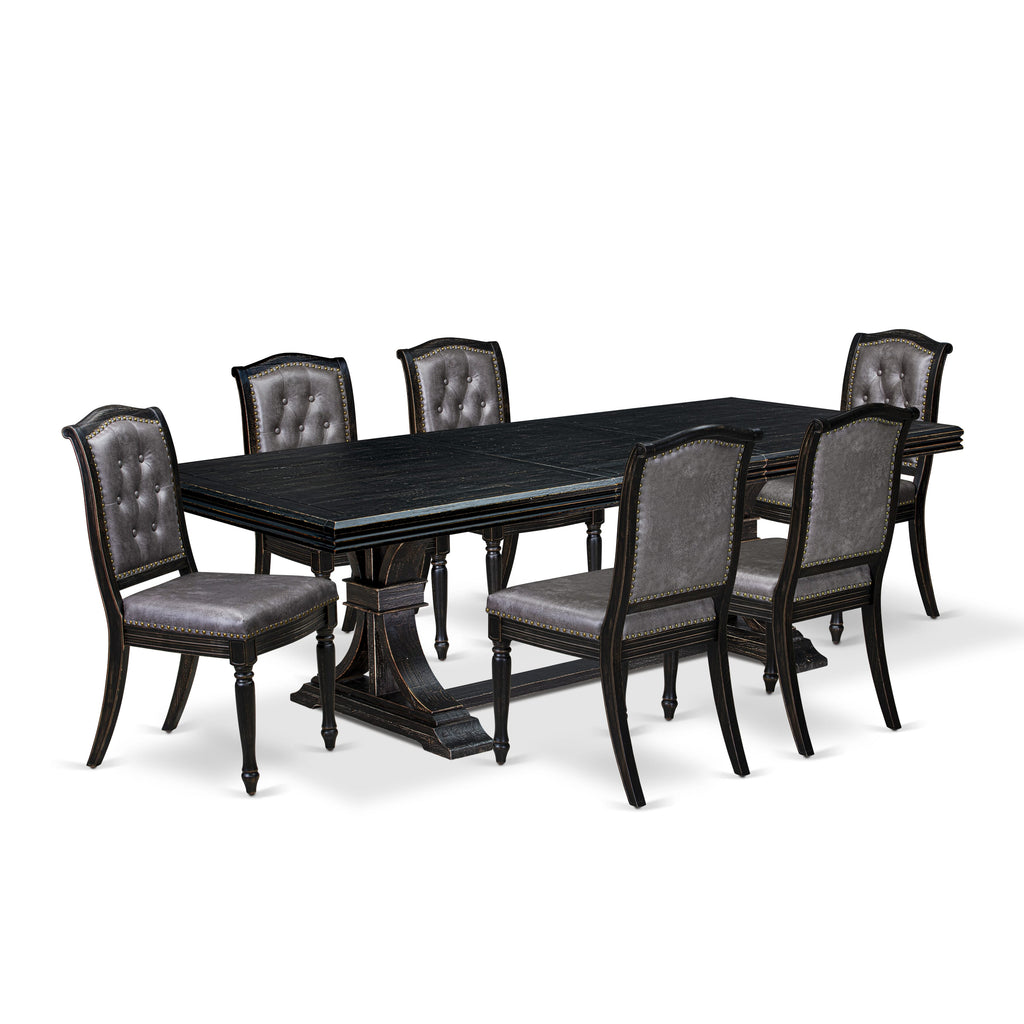 Luxe by East West Furniture - NEMA7-SBB-34 - 7-piece Mid Century Dining Set consists of a Wood Dining Table and 6 Dark Grey PU Leather Kitchen Chairs with Button Tufted Back - Sand Blasting Black