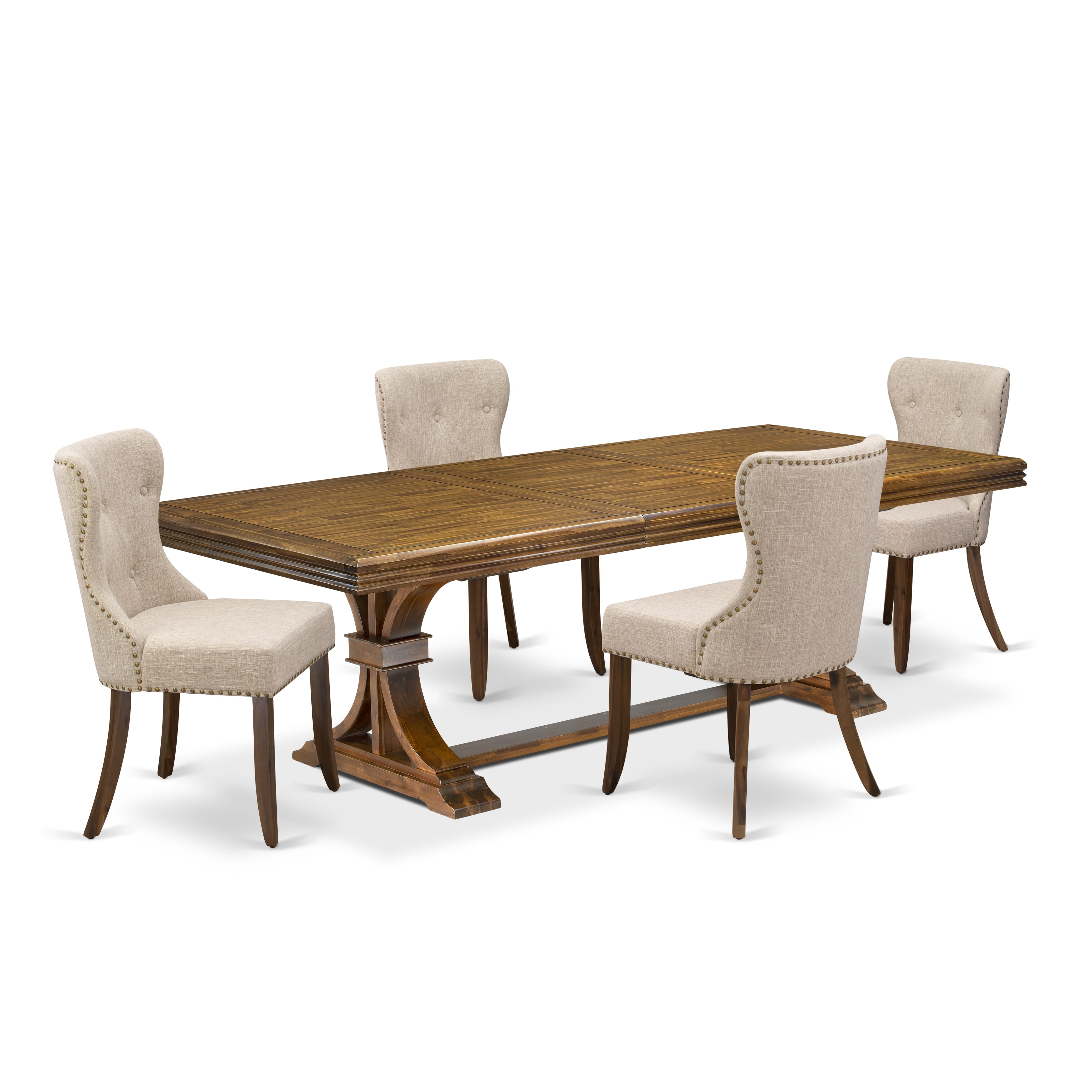 Luxe by East West Furniture - NESI5-AWA-04 - 5-pc Mid Century Dining Table Set consists of a Wooden Dining Table and 4 Light Tan Linen Fabric Dining Chairs with Button Tufted Back - Antique Walnut