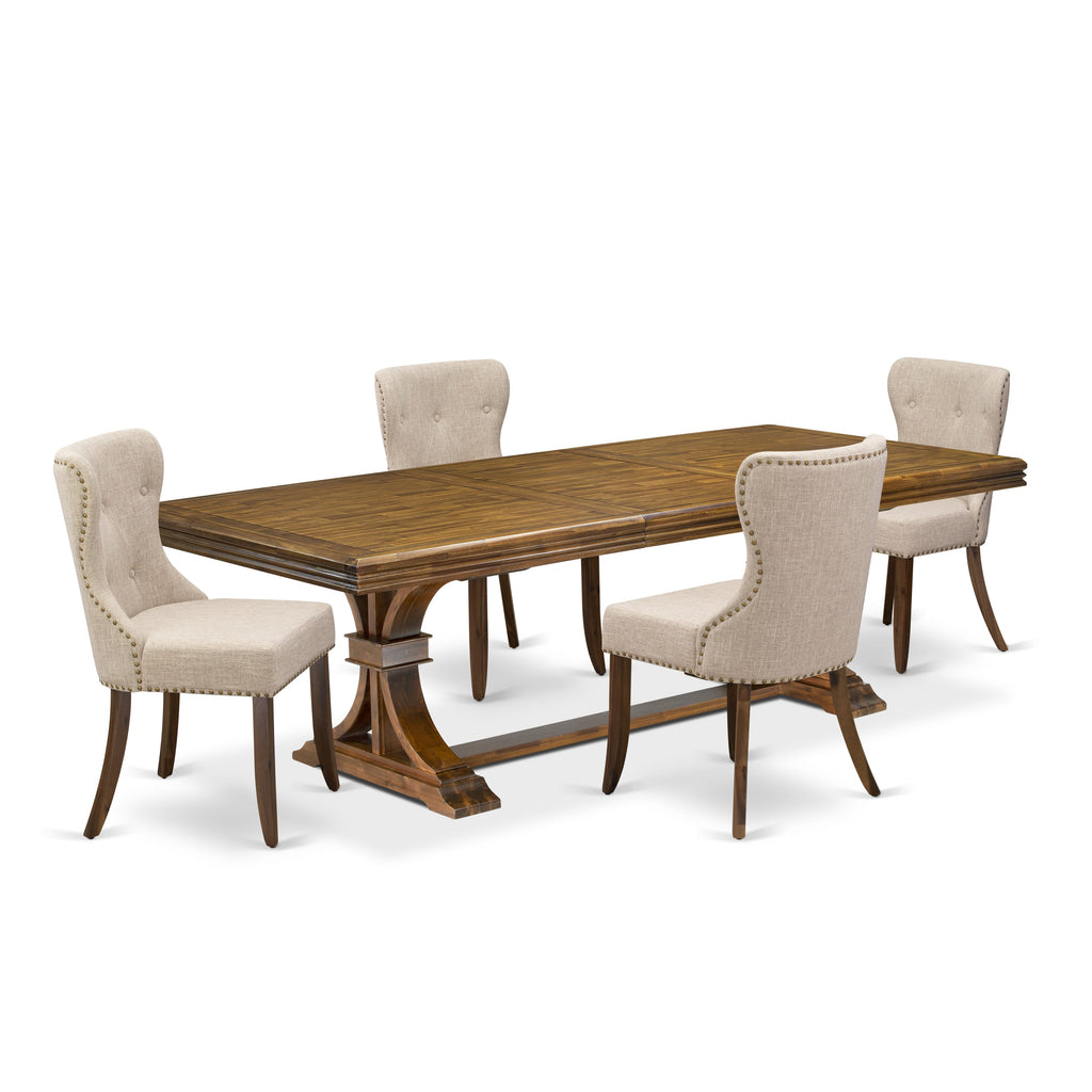 Luxe by East West Furniture - NESI5-AWA-04 - 5-pc Mid Century Dining Table Set consists of a Wooden Dining Table and 4 Light Tan Linen Fabric Dining Chairs with Button Tufted Back - Antique Walnut