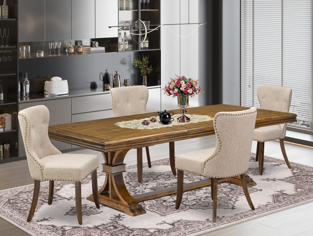 Luxe by East West Furniture - NESI5-AWA-04 - 5-pc Mid Century Dining Table Set consists of a Wooden Dining Table and 4 Light Tan Linen Fabric Dining Chairs with Button Tufted Back - Antique Walnut