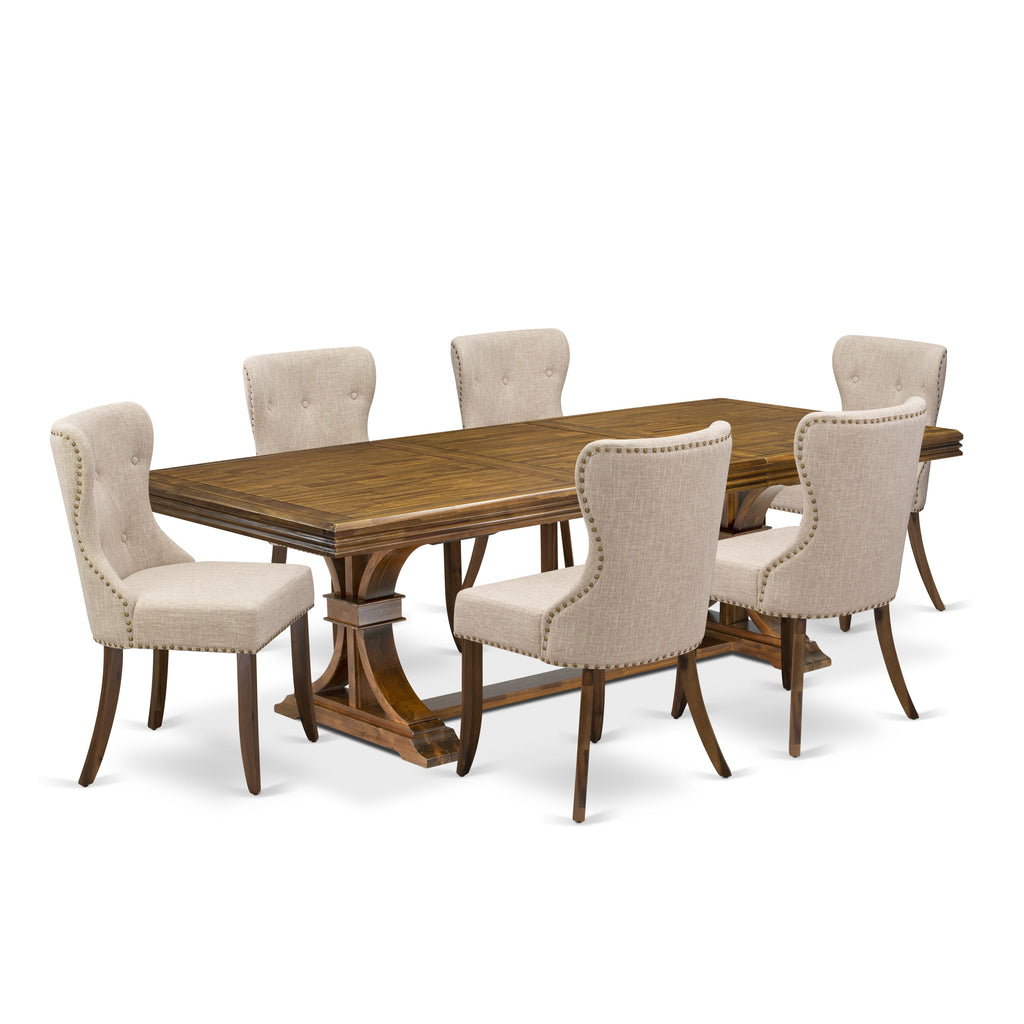 Luxe by East West Furniture - NESI7-AWA-04 - 7-piece Dining Room Table Set consists of a Modern Table and 6 Light Tan Linen Fabric Dining Chairs with Button Tufted Back - Antique Walnut Finish