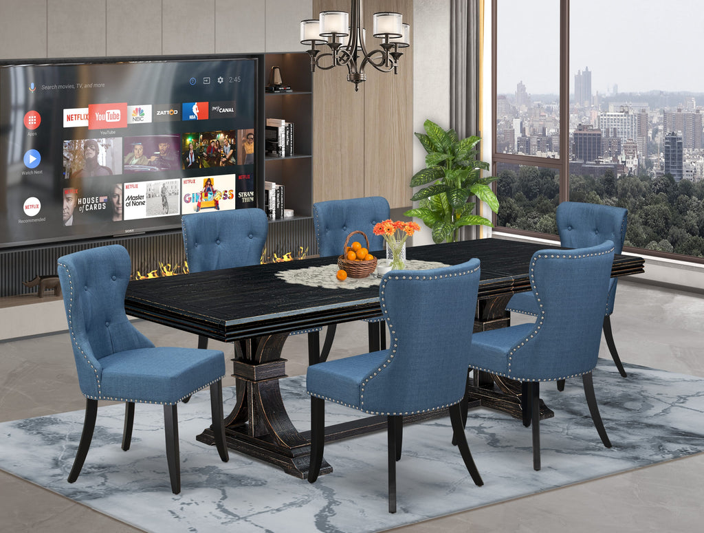 Luxe by East West Furniture - NESI7-SBB-21 - 7-piece Kitchen Dining Table Set consists of a Dining Table and 6 Blue Linen Fabric Parsons Chairs with Button Tufted Back - Sand Blasting Black Finish