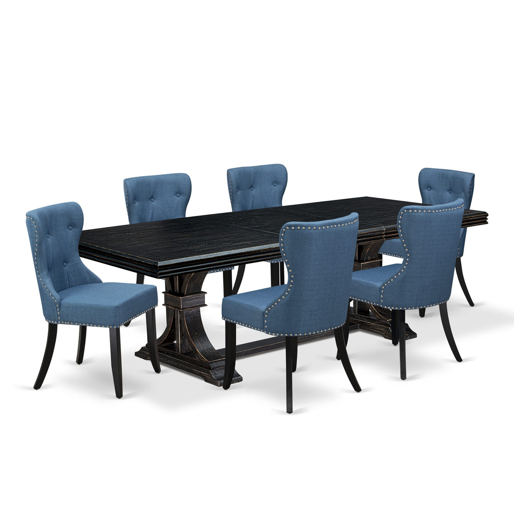 Luxe by East West Furniture - NESI7-SBB-21 - 7-piece Kitchen Dining Table Set consists of a Dining Table and 6 Blue Linen Fabric Parsons Chairs with Button Tufted Back - Sand Blasting Black Finish
