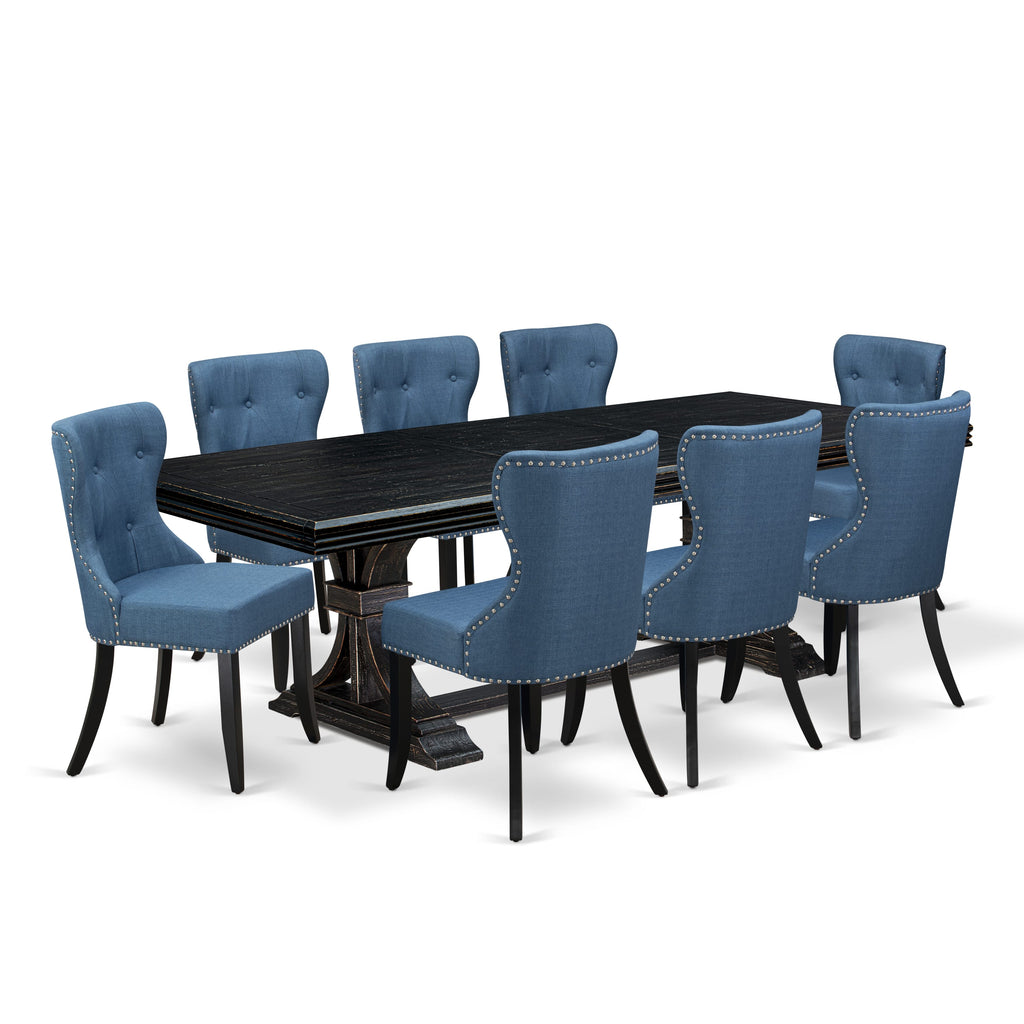 Luxe by East West Furniture - NESI9-SBB-21 - 9-piece Dining Table Set consists of a Kitchen Table and 8 Blue Linen Fabric Mid Century Modern Chairs with Button Tufted Back - Sand Blasting Black Finish