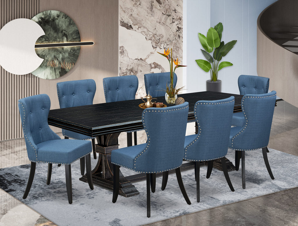 Luxe by East West Furniture - NESI9-SBB-21 - 9-piece Dining Table Set consists of a Kitchen Table and 8 Blue Linen Fabric Mid Century Modern Chairs with Button Tufted Back - Sand Blasting Black Finish