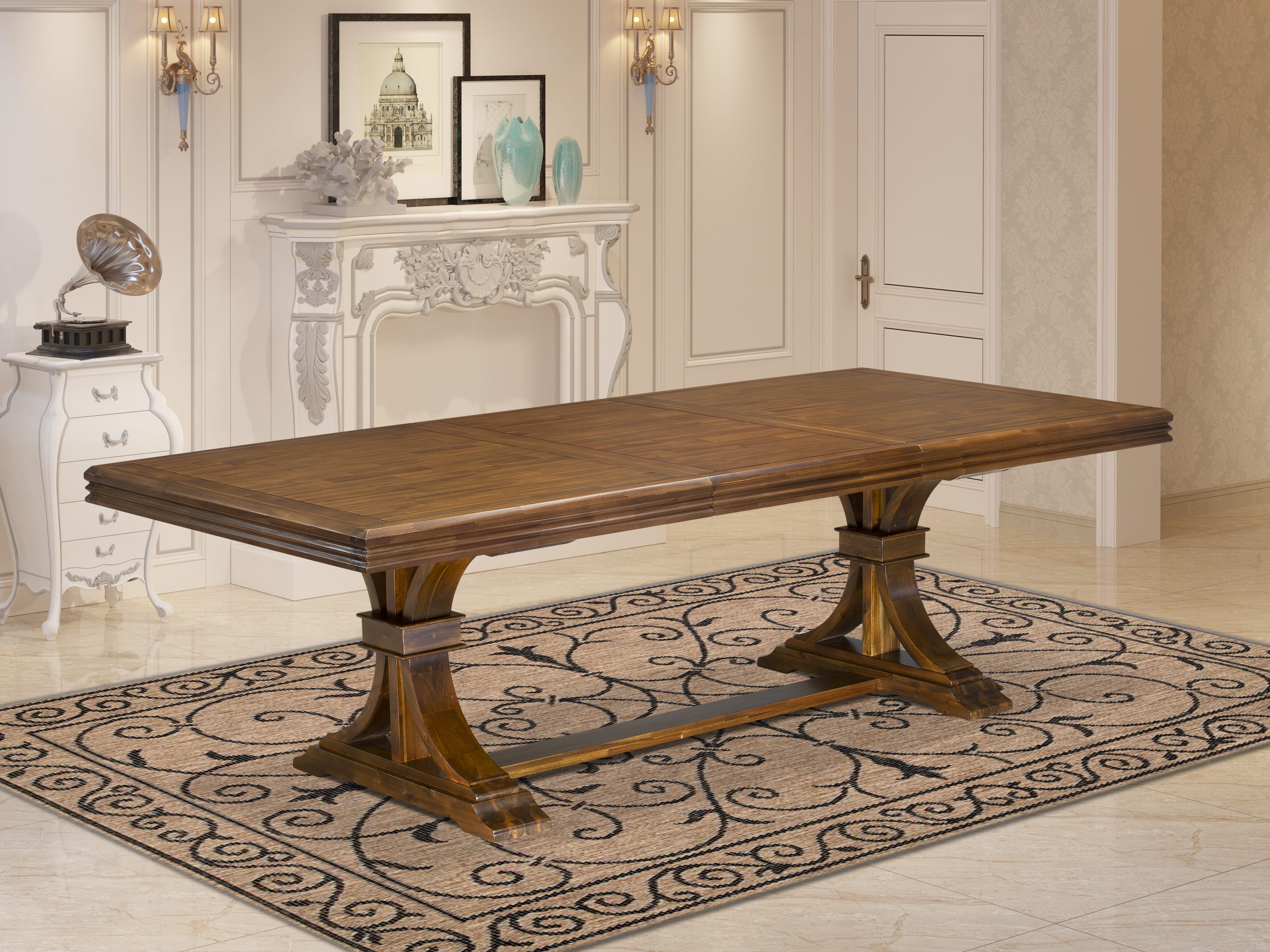 Luxe by East West Furniture NEVE9-AWA-04 9-piece Dining Table Set includes a Kitchen Table and 8 Light Tan Linen Fabric Dinner Chairs with Button tufted Back - Antique Walnut Finish