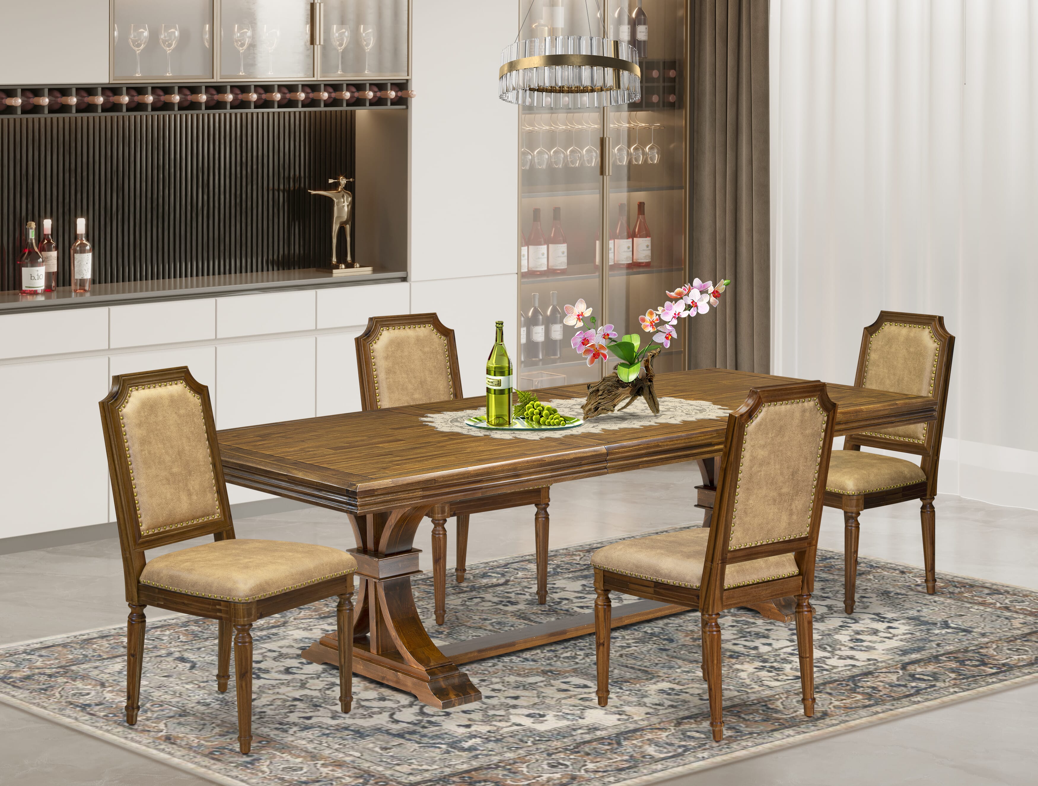 Luxe by East West Furniture NETY5-AWA-28 5-piece Mid-Century Dining Table Set includes a Kitchen Table and 4 Beige PU Leather Dinner Chairs with High Back-Antique Walnut Finish