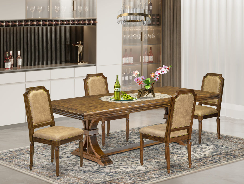 Luxe by East West Furniture NETY5-AWA-28 5-piece Mid-Century Dining Table Set includes a Kitchen Table and 4 Beige PU Leather Dinner Chairs with High Back-Antique Walnut Finish