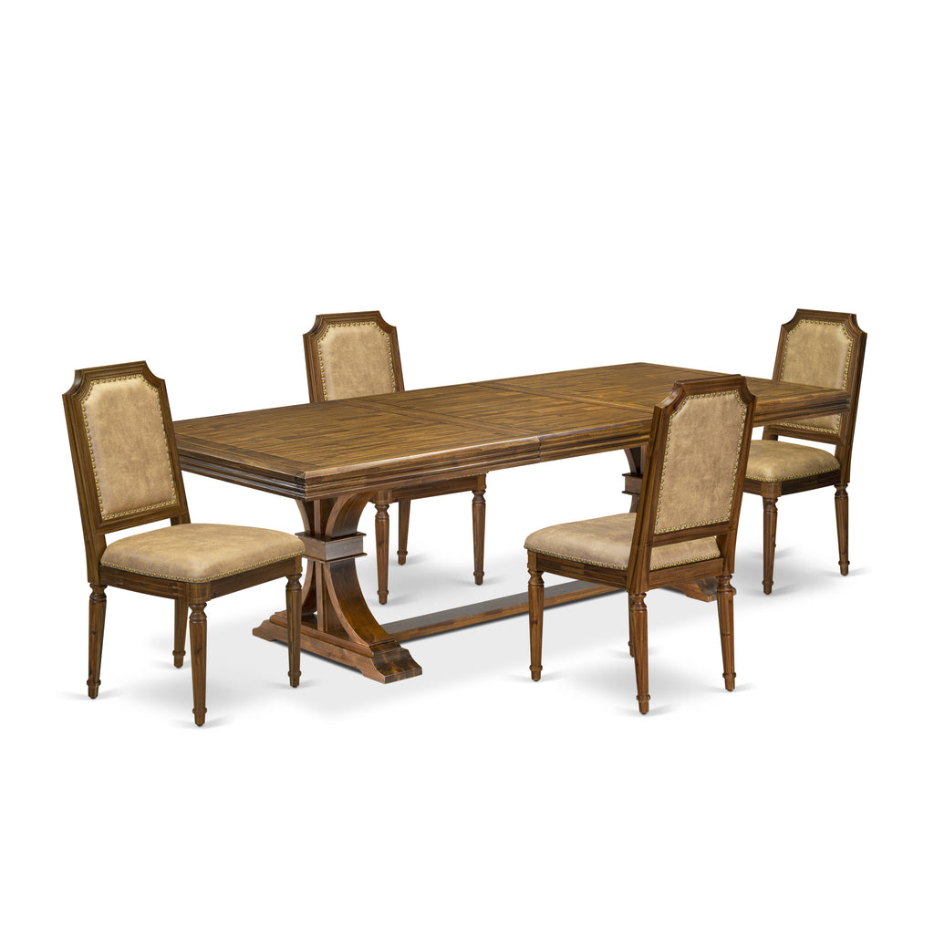 Luxe by East West Furniture NETY5-AWA-28 5-piece Mid-Century Dining Table Set includes a Kitchen Table and 4 Beige PU Leather Dinner Chairs with High Back-Antique Walnut Finish