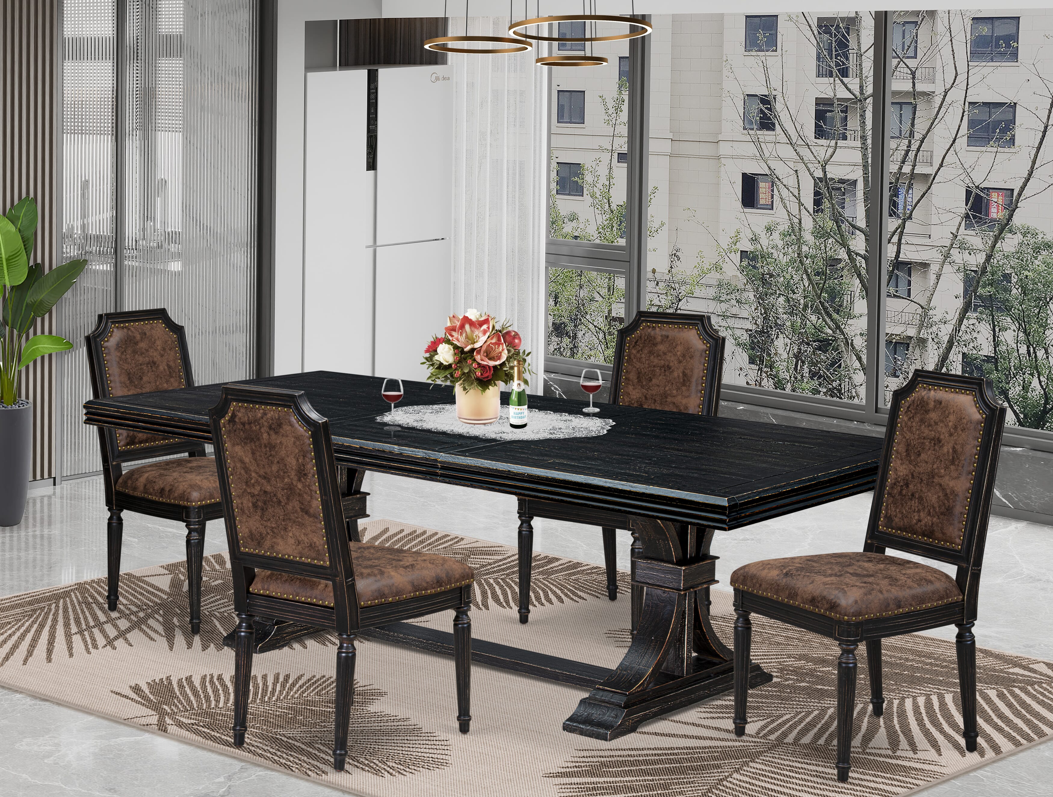 Luxe by East West Furniture NETY5-SBB-33 5-piece Kitchen Table Set includes a Modern Dining Table and 4 Brown Textured PU Leather Dinner Chairs with High Back-Sand Blasting Black Finish