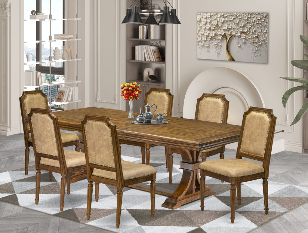 Luxe by East West Furniture NETY7-AWA-28 7-piece Dining Table Set conists of a Kitchen Table and 6 Beige PU Leather. Dining room Chairs with High Back-Antique Walnut Finish