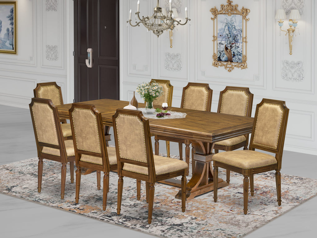 Luxe by East West Furniture NETY9-AWA-28 9-piece Kitchen Table Set includes a Dining Table and 8 Beige PU Leather Dinner Chairs with High Back-Antique Walnut Finish