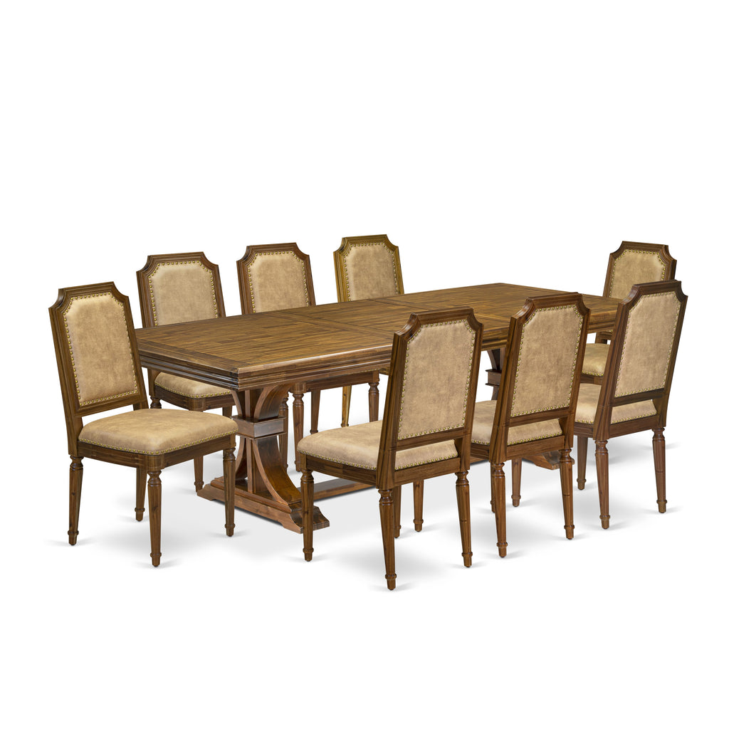 Luxe by East West Furniture NETY9-AWA-28 9-piece Kitchen Table Set includes a Dining Table and 8 Beige PU Leather Dinner Chairs with High Back-Antique Walnut Finish