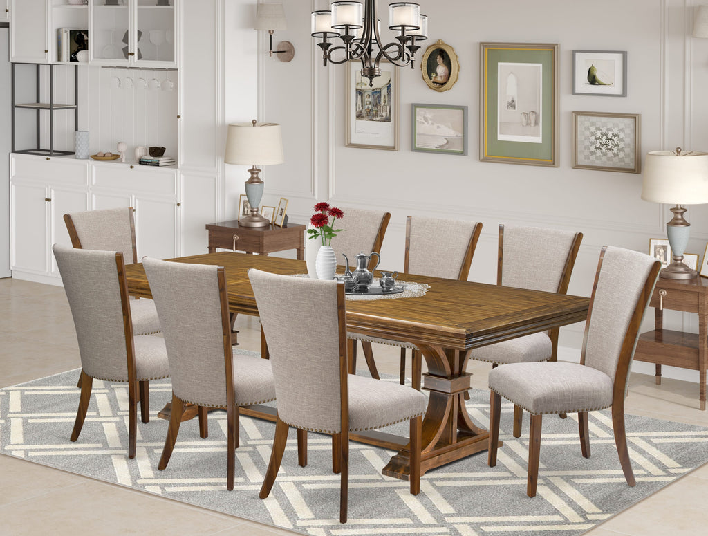 Luxe by East West Furniture NEVE9-AWA-04 9-piece Dining Table Set includes a Kitchen Table and 8 Light Tan Linen Fabric Dinner Chairs with Button tufted Back - Antique Walnut Finish
