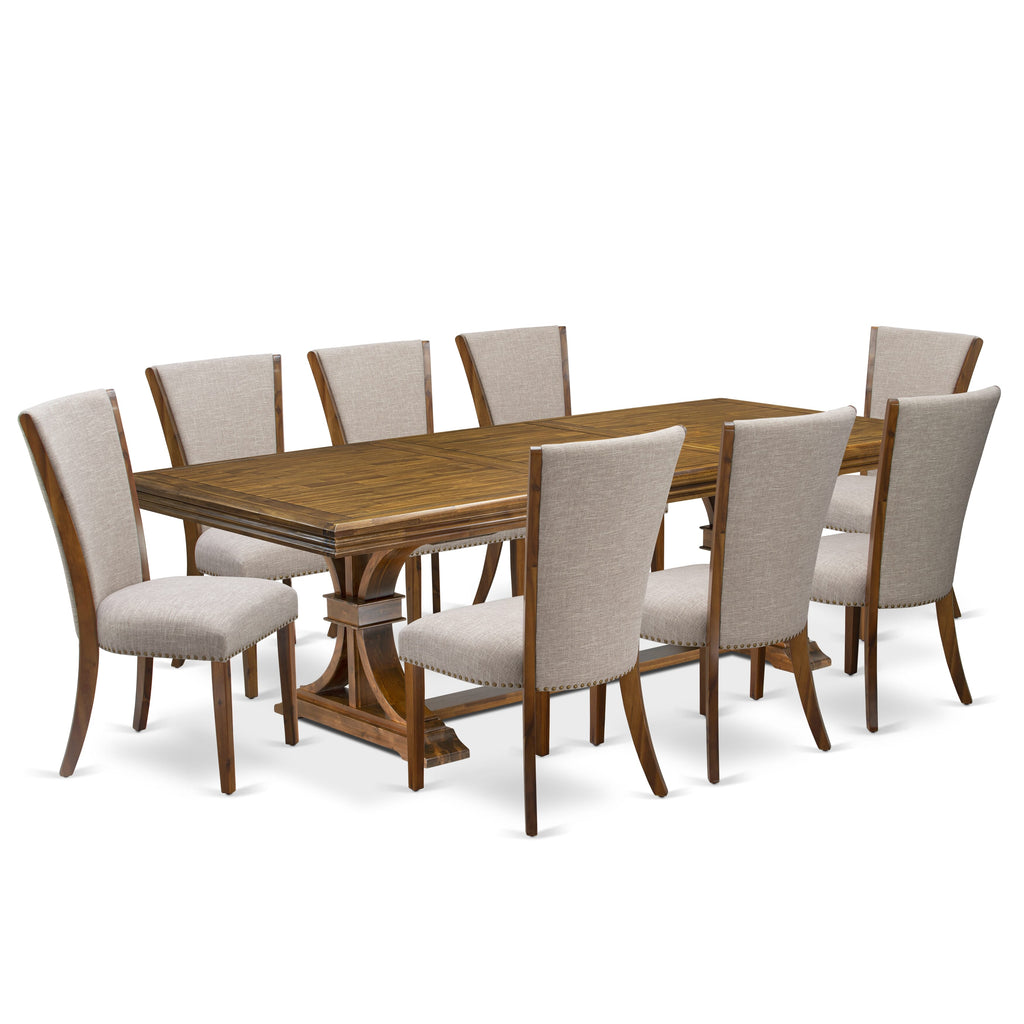 Luxe by East West Furniture NEVE9-AWA-04 9-piece Dining Table Set includes a Kitchen Table and 8 Light Tan Linen Fabric Dinner Chairs with Button tufted Back - Antique Walnut Finish