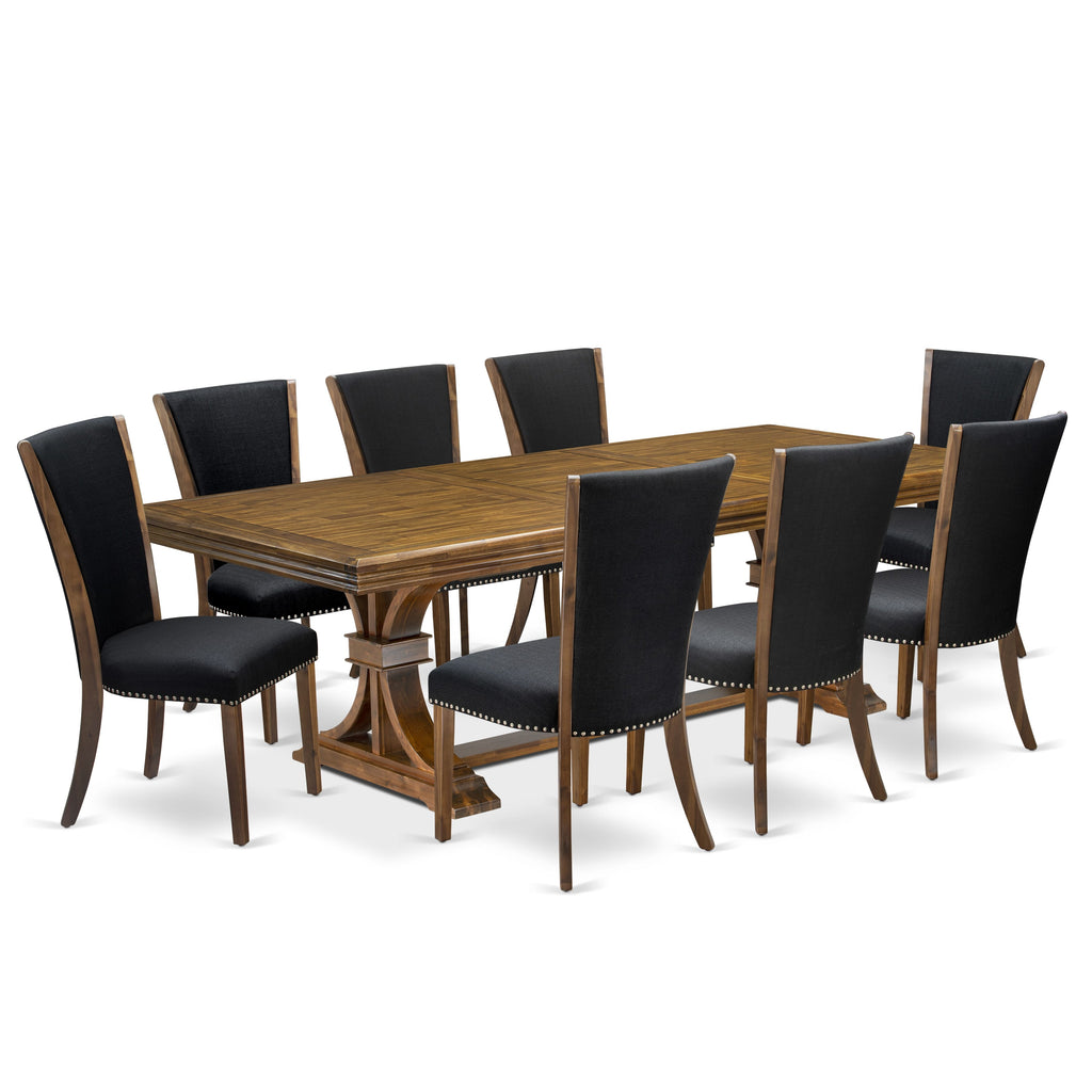 Luxe by East West Furniture NEVE9-AWA-24 9-piece Dining Room Set consists of a Kitchen Table and 8 Black Linen Fabric Dining Chairs with Button tufted Back - Antique Walnut Finish