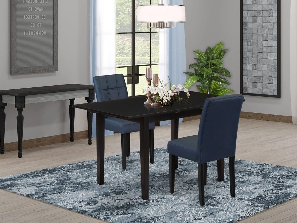 East West Furniture NFAS3-BLK-09 3 Piece Kitchen Table Set Includes A Wood Table and 2 Dark Navy Blue Faux Leather Padded Chairs with Stylish Back- Black Finish