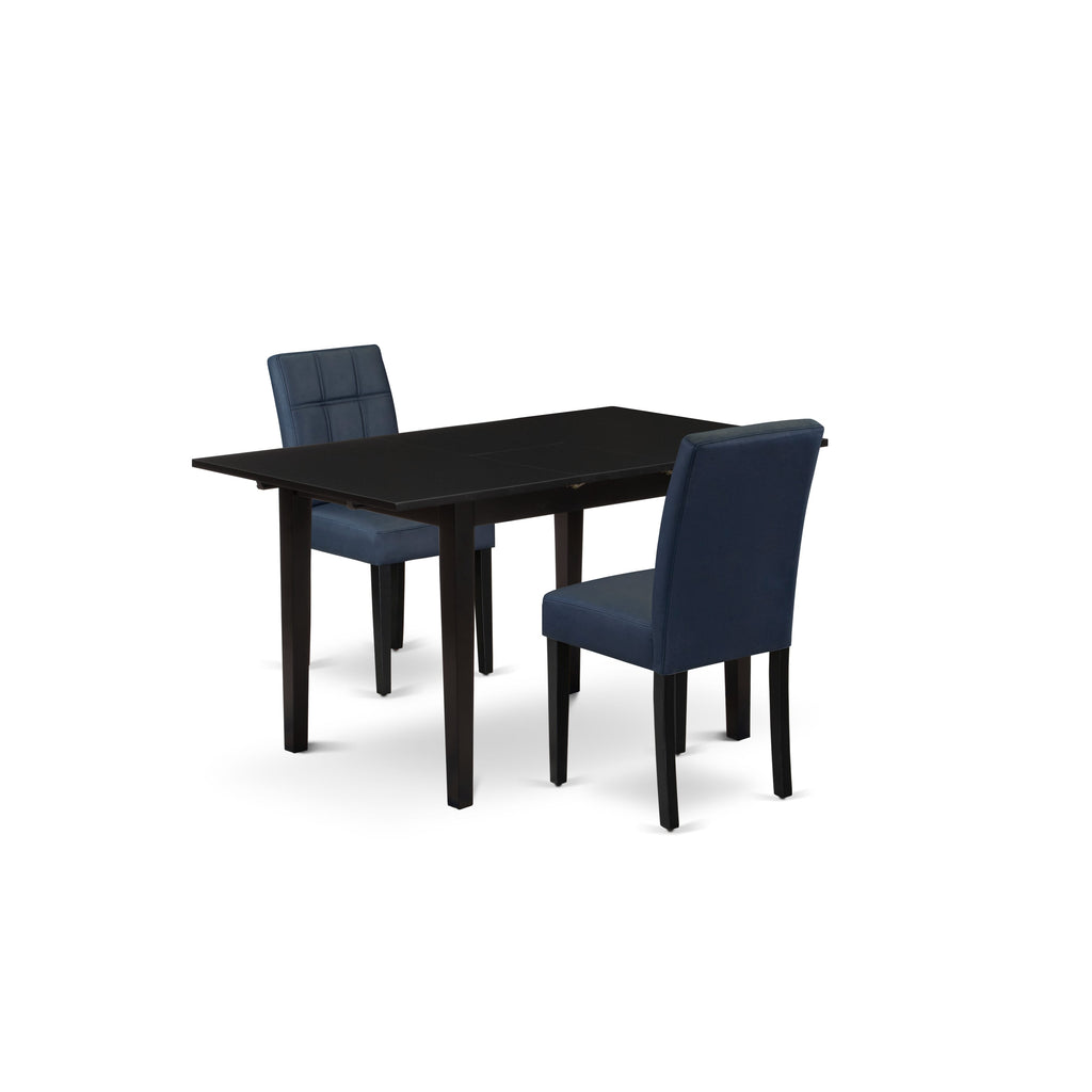 East West Furniture NFAS3-BLK-09 3 Piece Kitchen Table Set Includes A Wood Table and 2 Dark Navy Blue Faux Leather Padded Chairs with Stylish Back- Black Finish