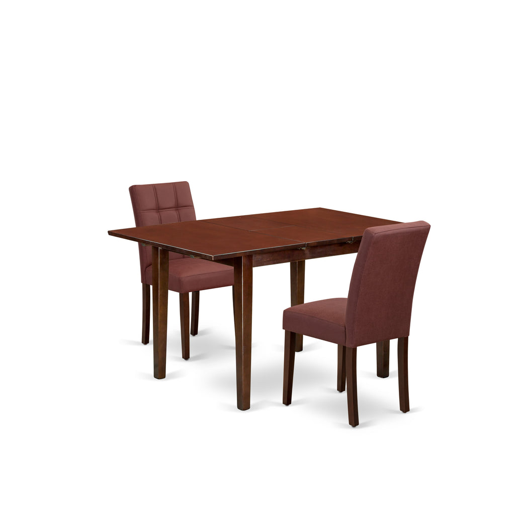 East West Furniture NFAS3-MAH-26 3 Piece Dining Table Set consists A Dining Table and 2 Burgundy Faux Leather Upholstered Chairs, Mahogany