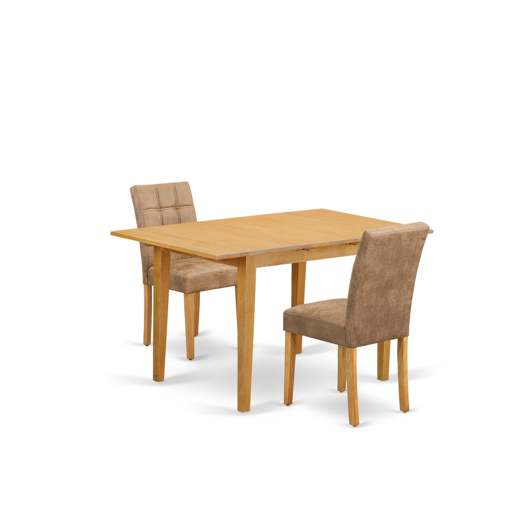 East West Furniture NFAS3-OAK-28 3 Piece Dining Set consists A Wooden Dining Table and 2 Brown Textured Faux Leather Mid Century Modern Dining Chairs, Oak
