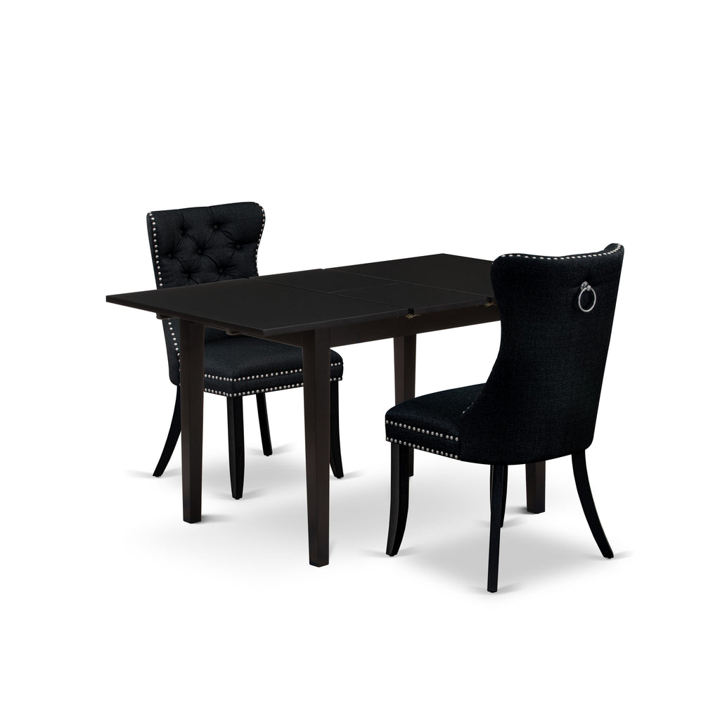 East West Furniture NFDA3-BLK-24 3 Piece Kitchen Table Set Includes a Rectangle Dining Table with Removable leaf and 2 Upholstered Chairs, 32x54 Inch, Black