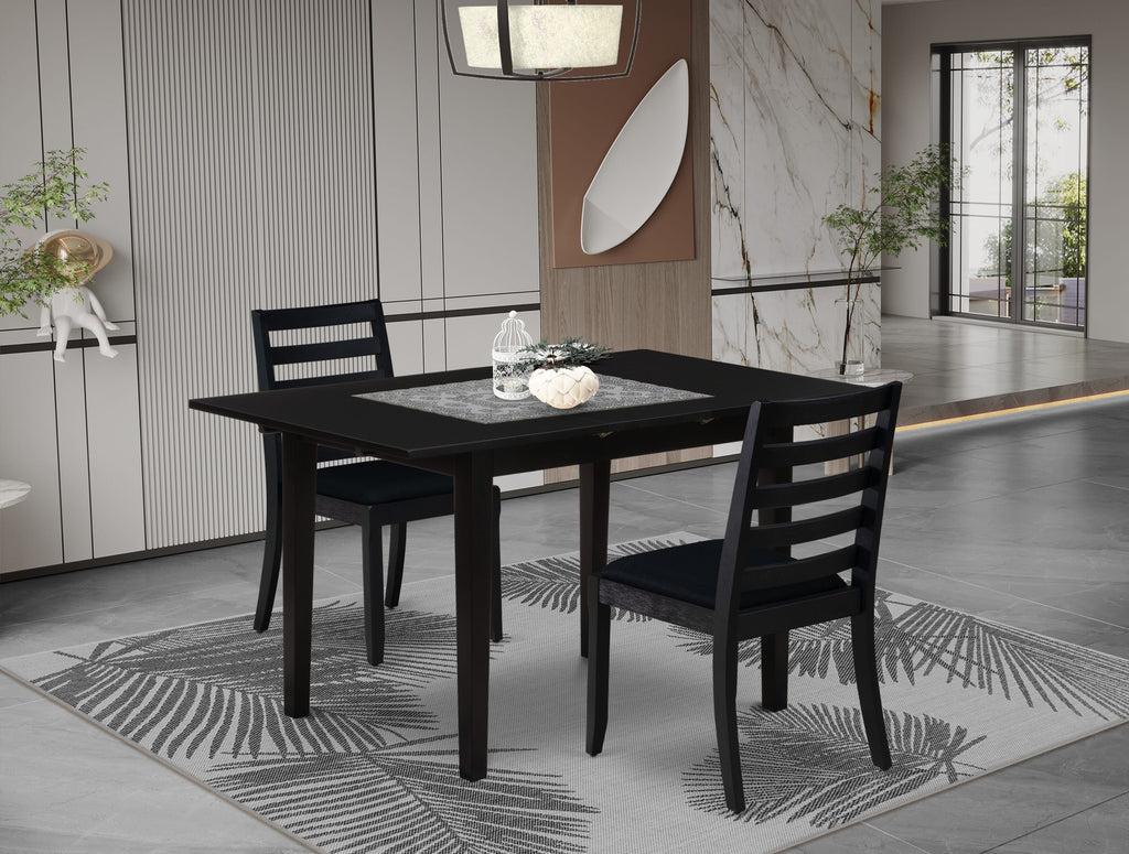 East West Furniture NFX13-BLK-24 -3 Piece Dining Set Includes a Rectangle Kitchen Table with Black Tabletop and 2 Stackable Linen Fabric Chairs