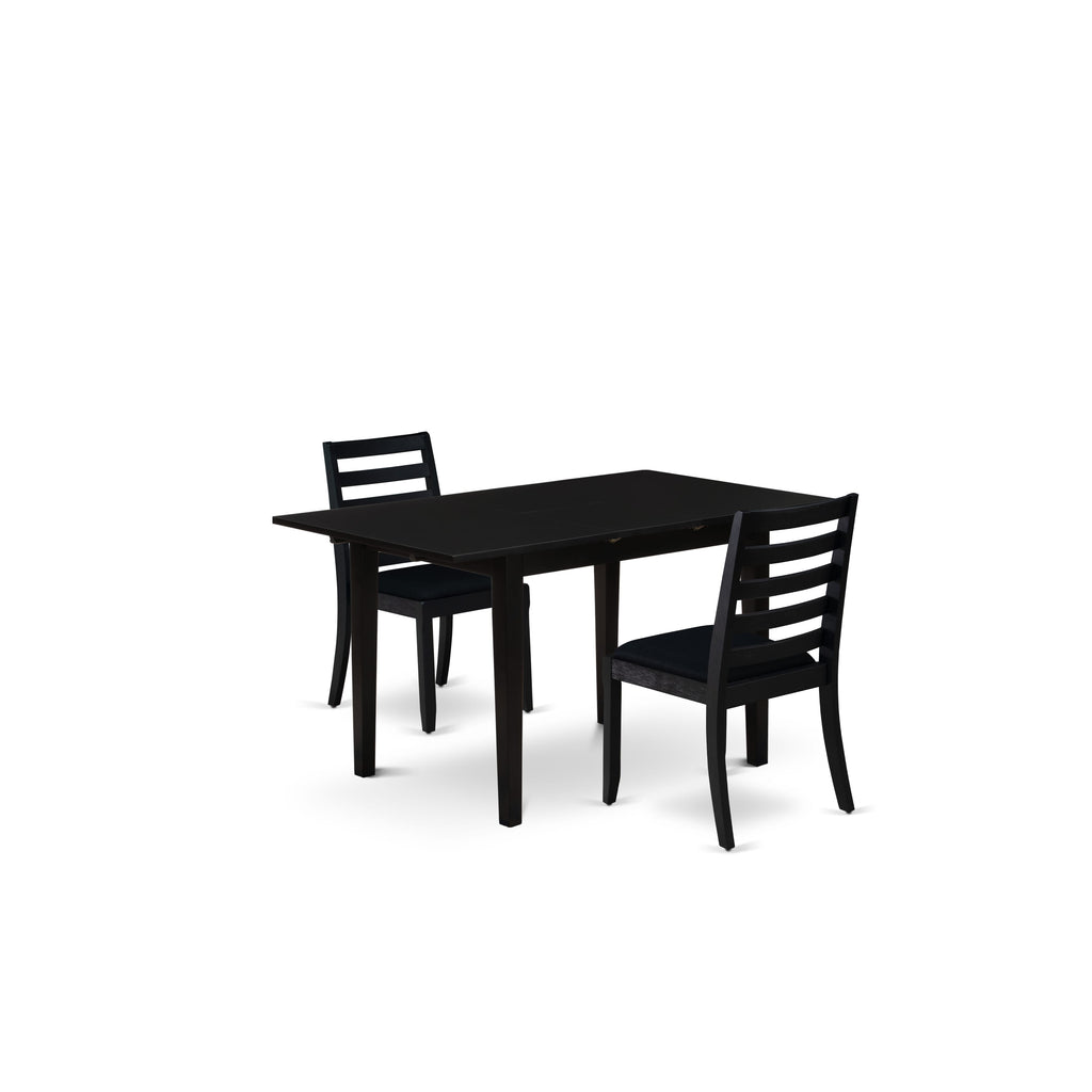 East West Furniture NFX13-BLK-24 -3 Piece Dining Set Includes a Rectangle Kitchen Table with Black Tabletop and 2 Stackable Linen Fabric Chairs