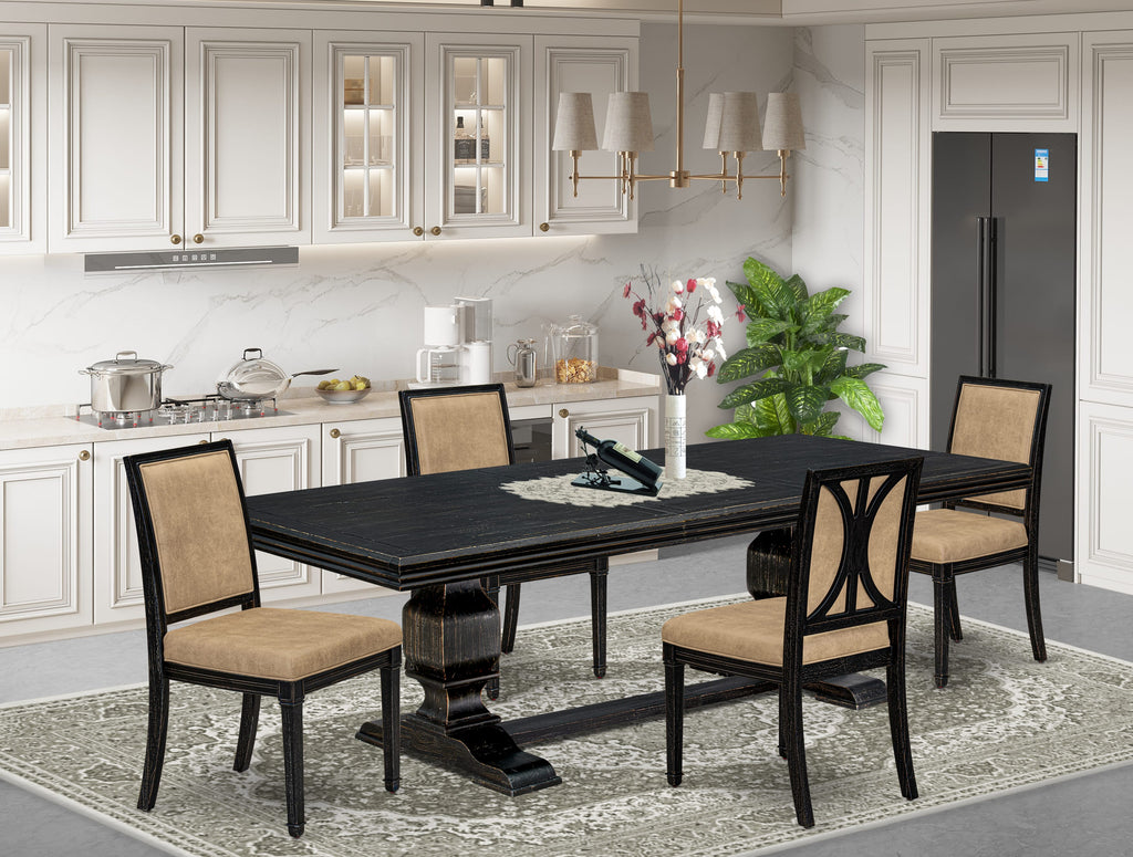 Luxe by East West Furniture NKAM5-SBB-28 5-piece Kitchen Table Set consists of a Modern Dining Table and 4 Beige PU Leather Dinner Chairs with High Back - Sand Blasting Black Finish