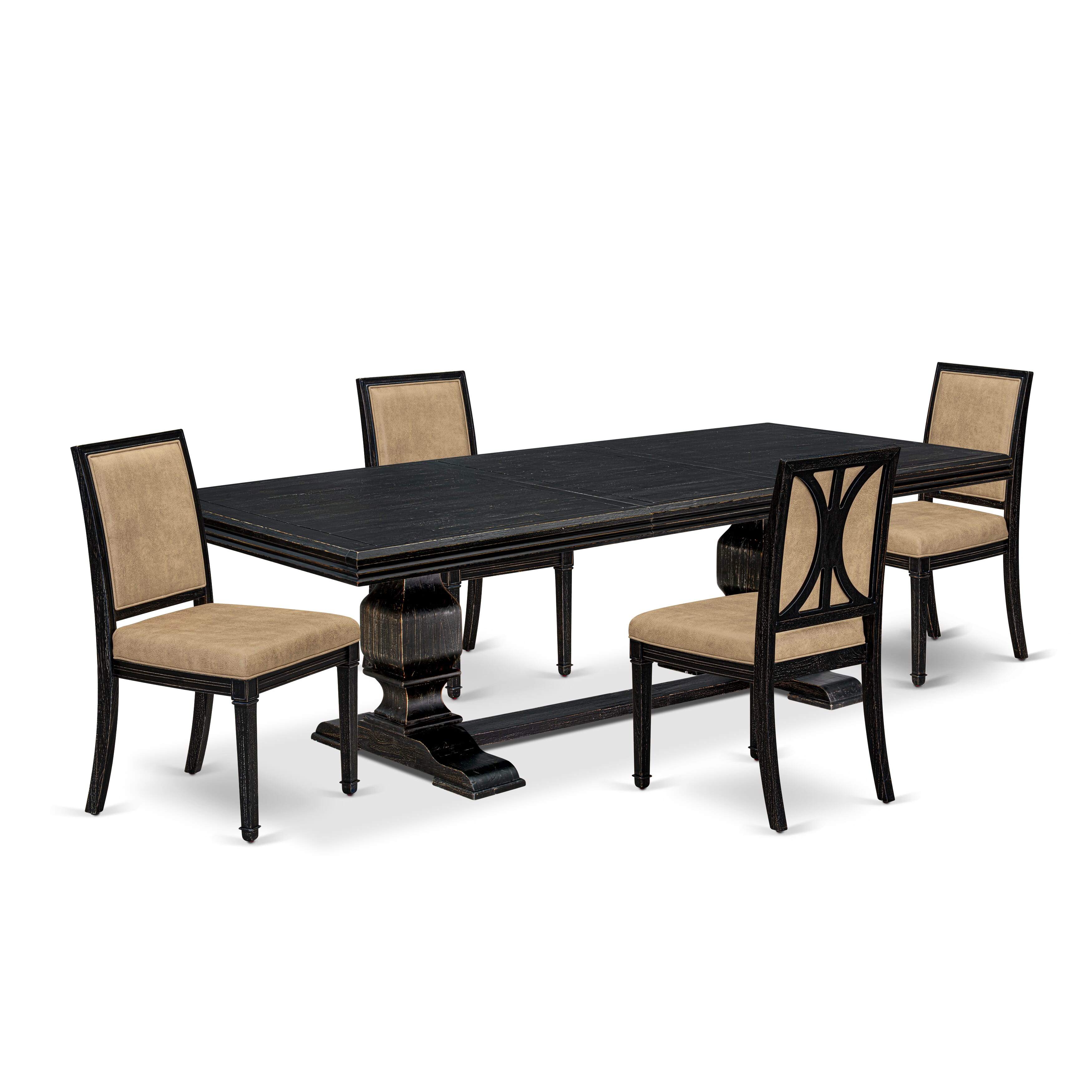 Luxe by East West Furniture NKAM5-SBB-28 5-piece Kitchen Table Set consists of a Modern Dining Table and 4 Beige PU Leather Dinner Chairs with High Back - Sand Blasting Black Finish