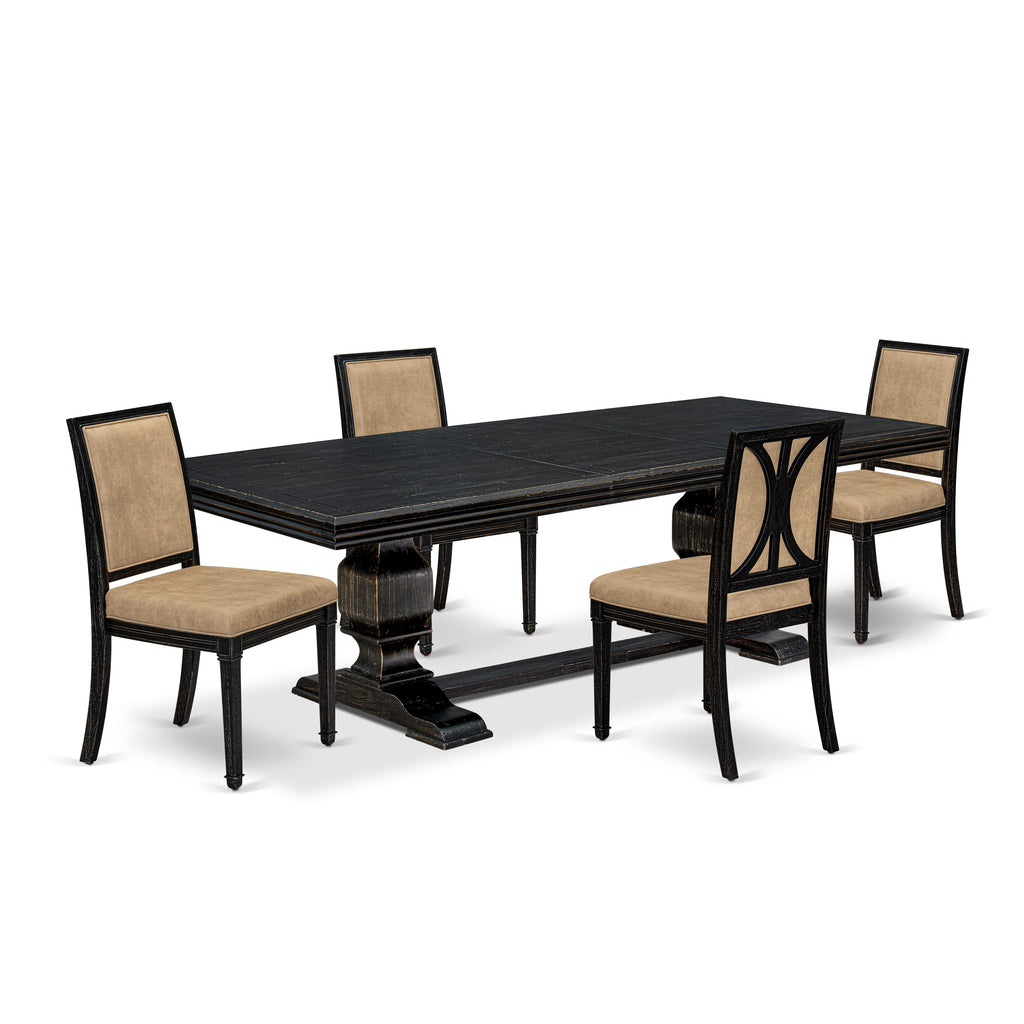 Luxe by East West Furniture NKAM5-SBB-28 5-piece Kitchen Table Set consists of a Modern Dining Table and 4 Beige PU Leather Dinner Chairs with High Back - Sand Blasting Black Finish
