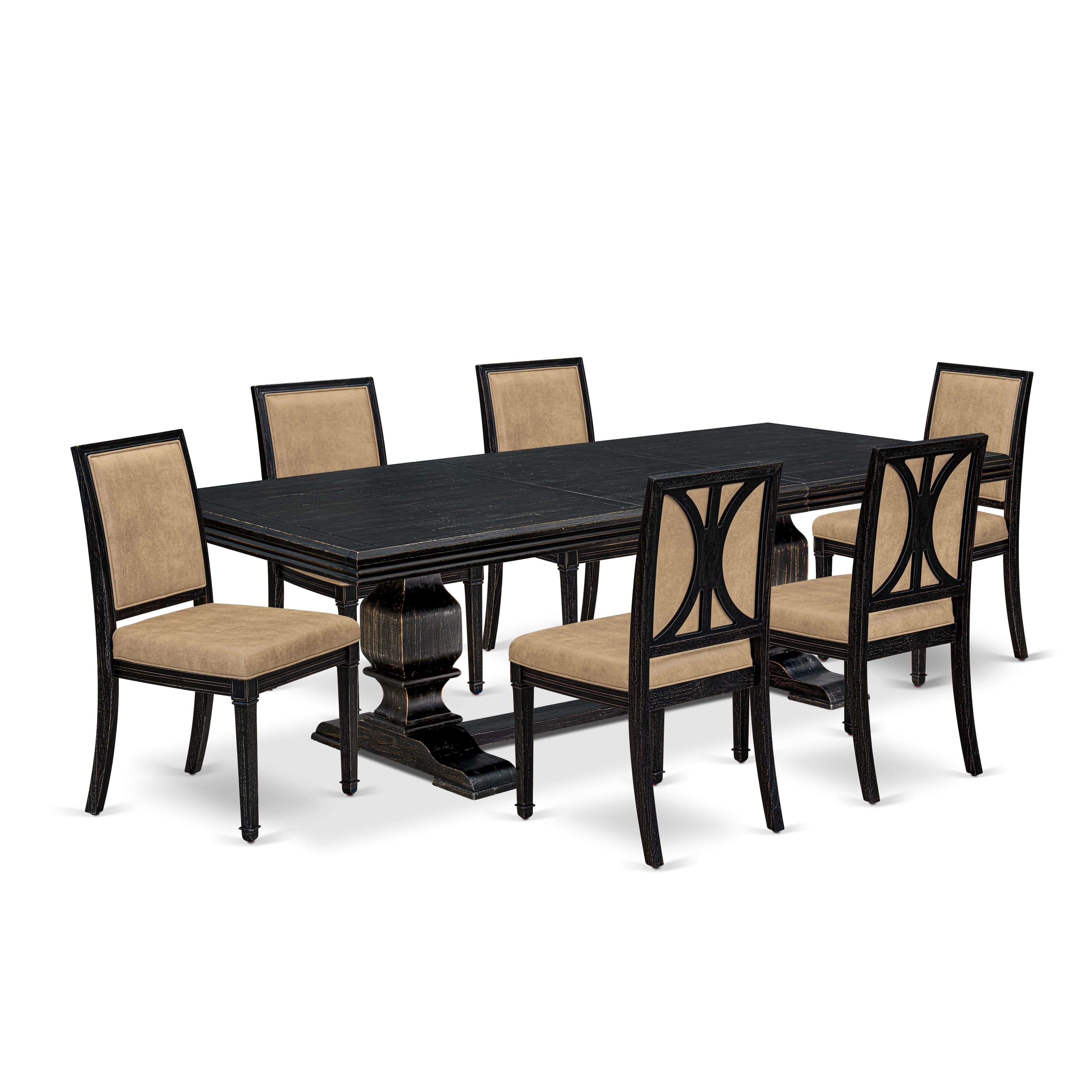 Luxe by East West Furniture NKAM7-SBB-28 7-piece Modern Dining Table Set includes a Dining Table and 6 Beige PU Leather Kitchen Chairs with High Back - Sand Blasting Black Finish