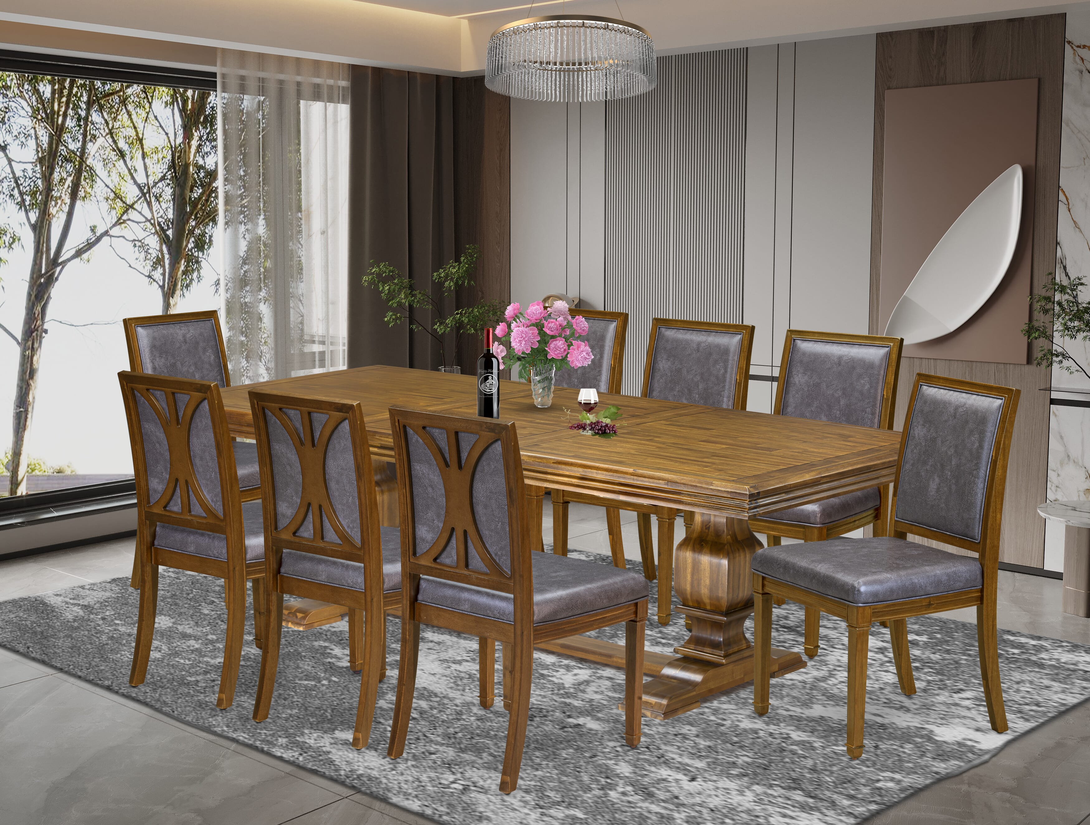 Luxe by East West Furniture NKAM9-AWA-34 9-piece Dining Table Set includes a Kitchen Table and 8 Dark Grey PU Leather Dinner Chairs with High Back - Antique Walnut Finish