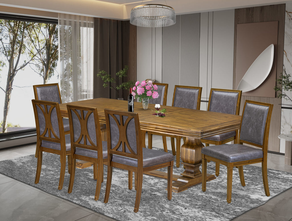 Luxe by East West Furniture NKAM9-AWA-34 9-piece Dining Table Set includes a Kitchen Table and 8 Dark Grey PU Leather Dinner Chairs with High Back - Antique Walnut Finish
