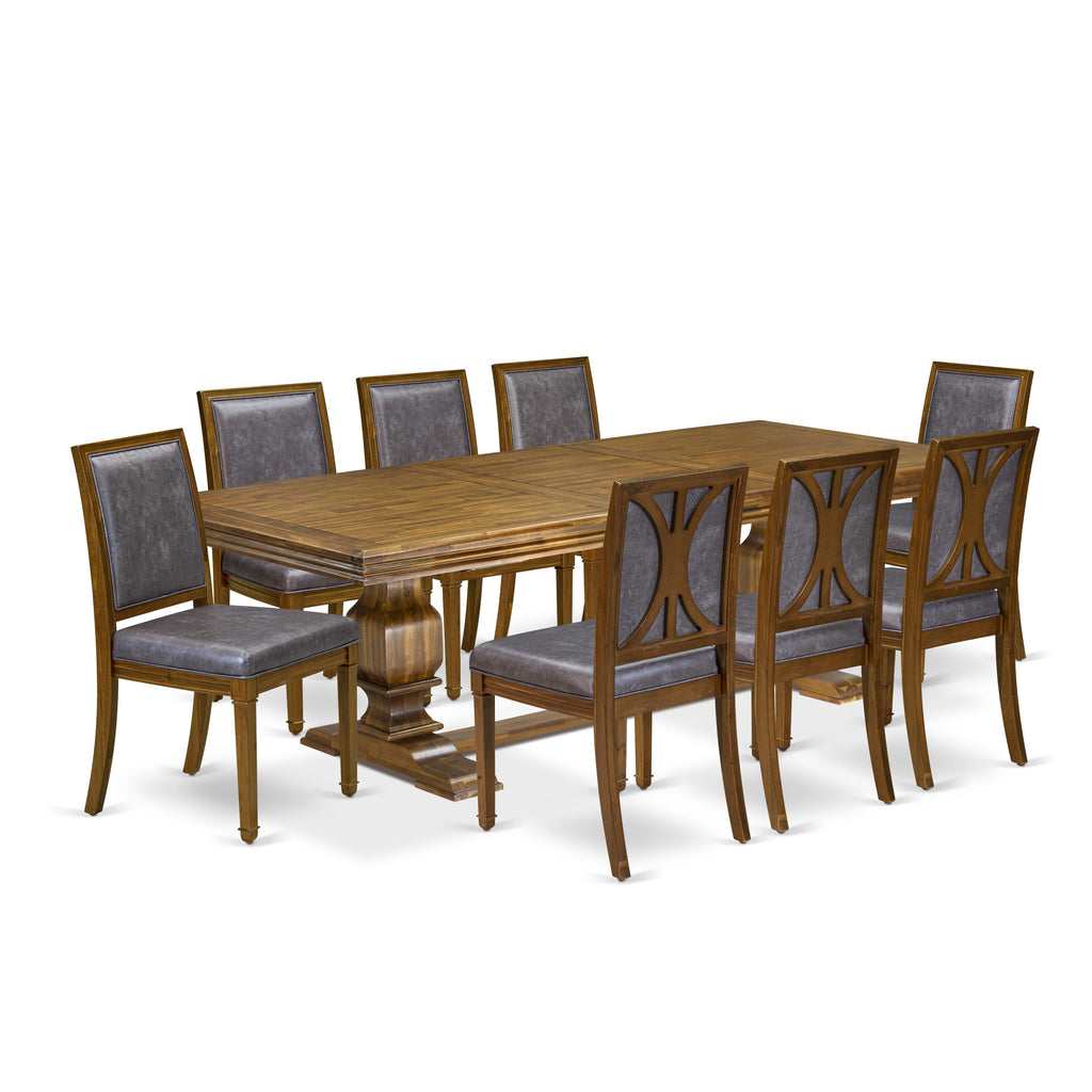 Luxe by East West Furniture NKAM9-AWA-34 9-piece Dining Table Set includes a Kitchen Table and 8 Dark Grey PU Leather Dinner Chairs with High Back - Antique Walnut Finish