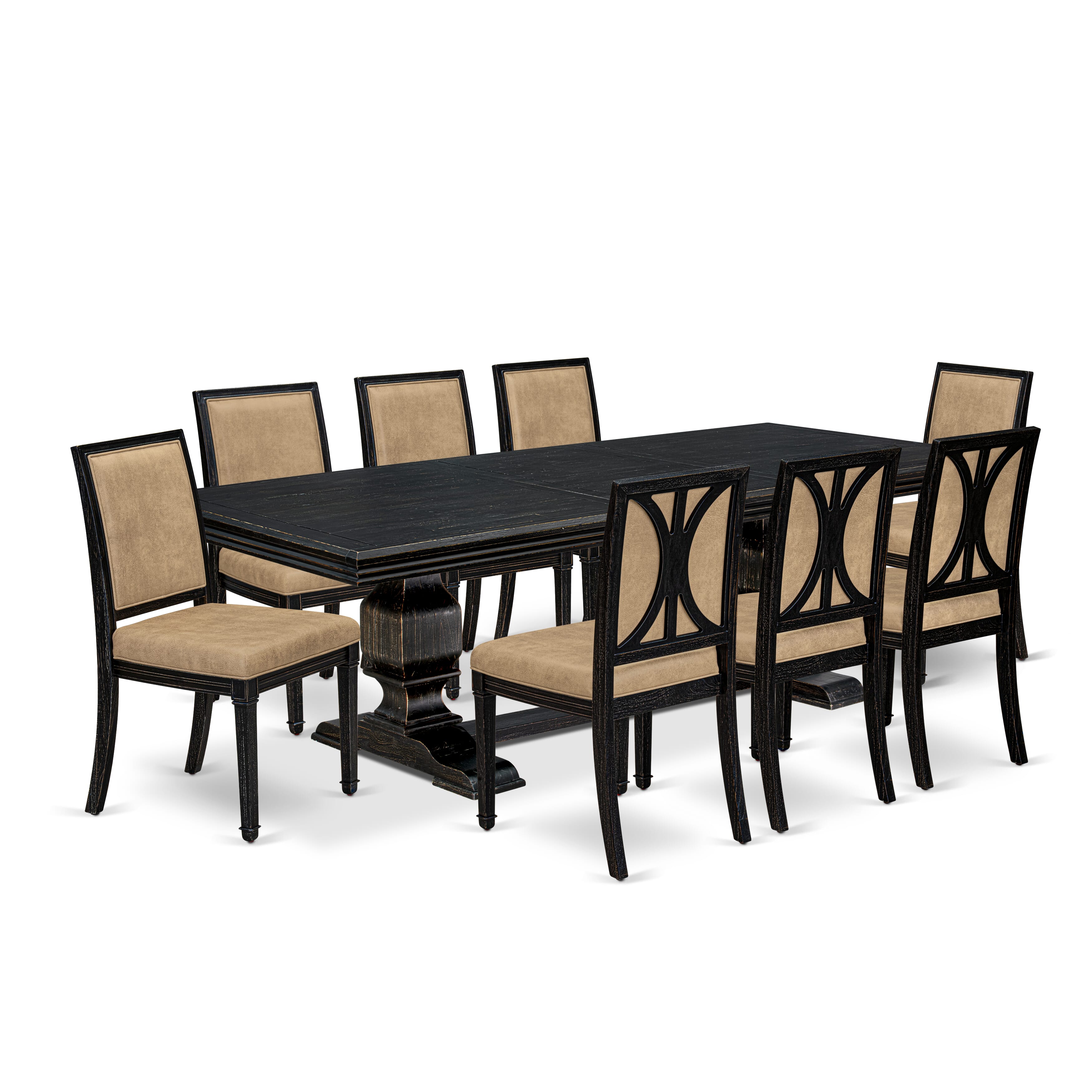 Luxe by East West Furniture NKAM9-SBB-28 9-piece Dining Table Set consists of a Dining Table and 8 Beige PU Leather Kitchen Chairs with High Back - Sand Blasting Black Finish