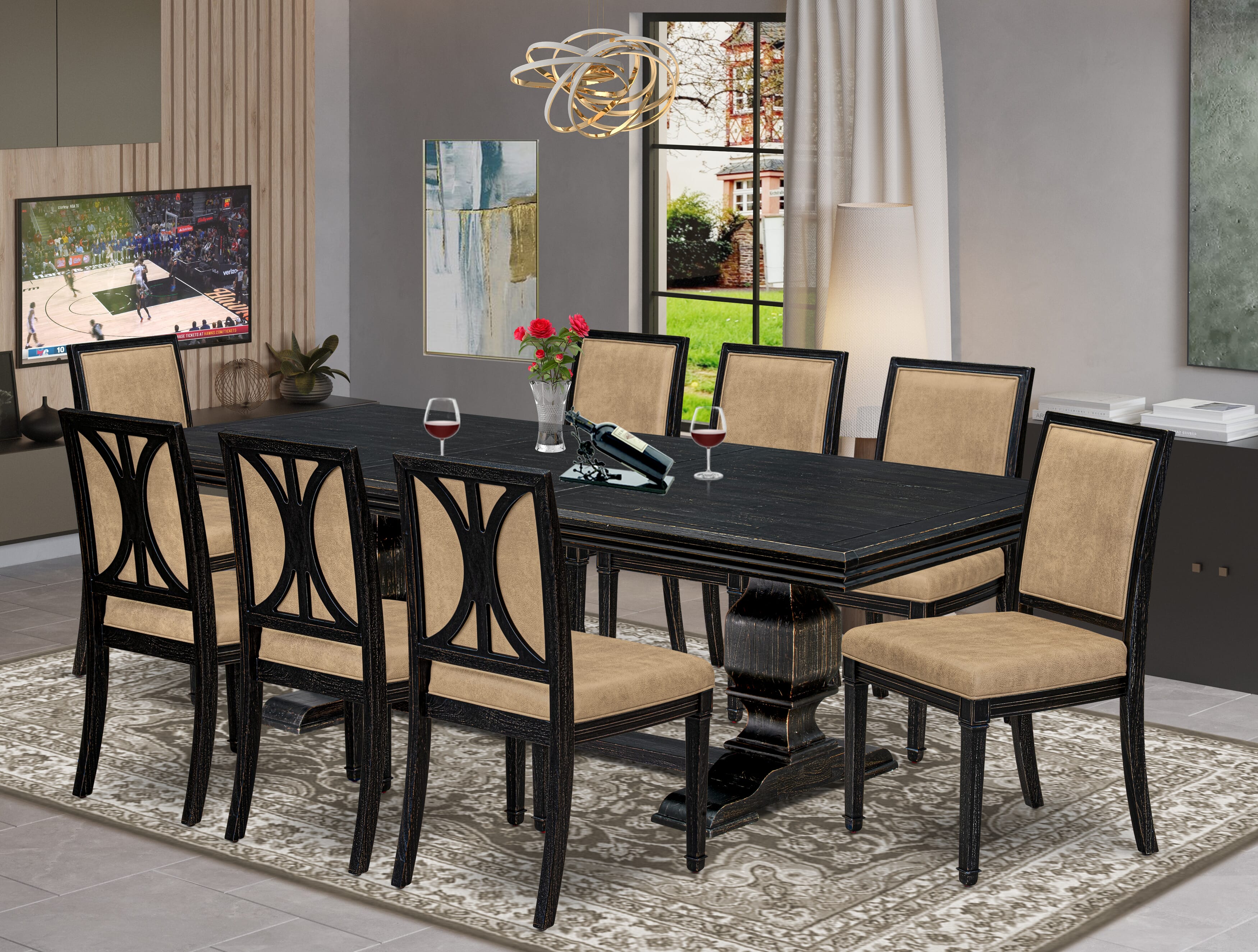 Luxe by East West Furniture NKAM9-SBB-28 9-piece Dining Table Set consists of a Dining Table and 8 Beige PU Leather Kitchen Chairs with High Back - Sand Blasting Black Finish